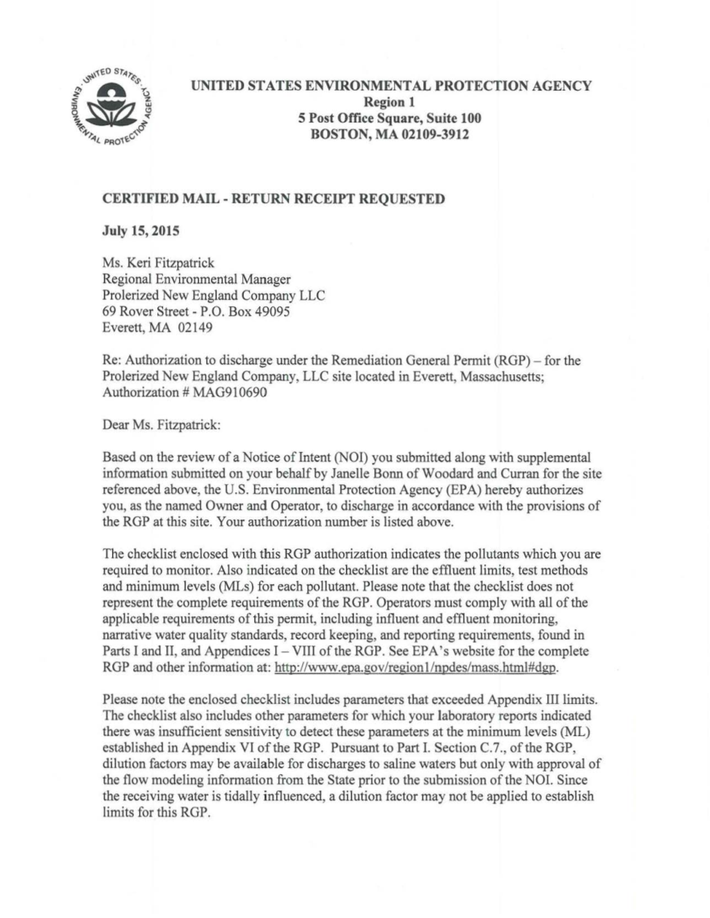 UNITED STATES ENVIRONMENTAL PROTECTION AGENCY Region 1 5 Post Office Square, Suite 100 BOSTON, MA 02109-3912