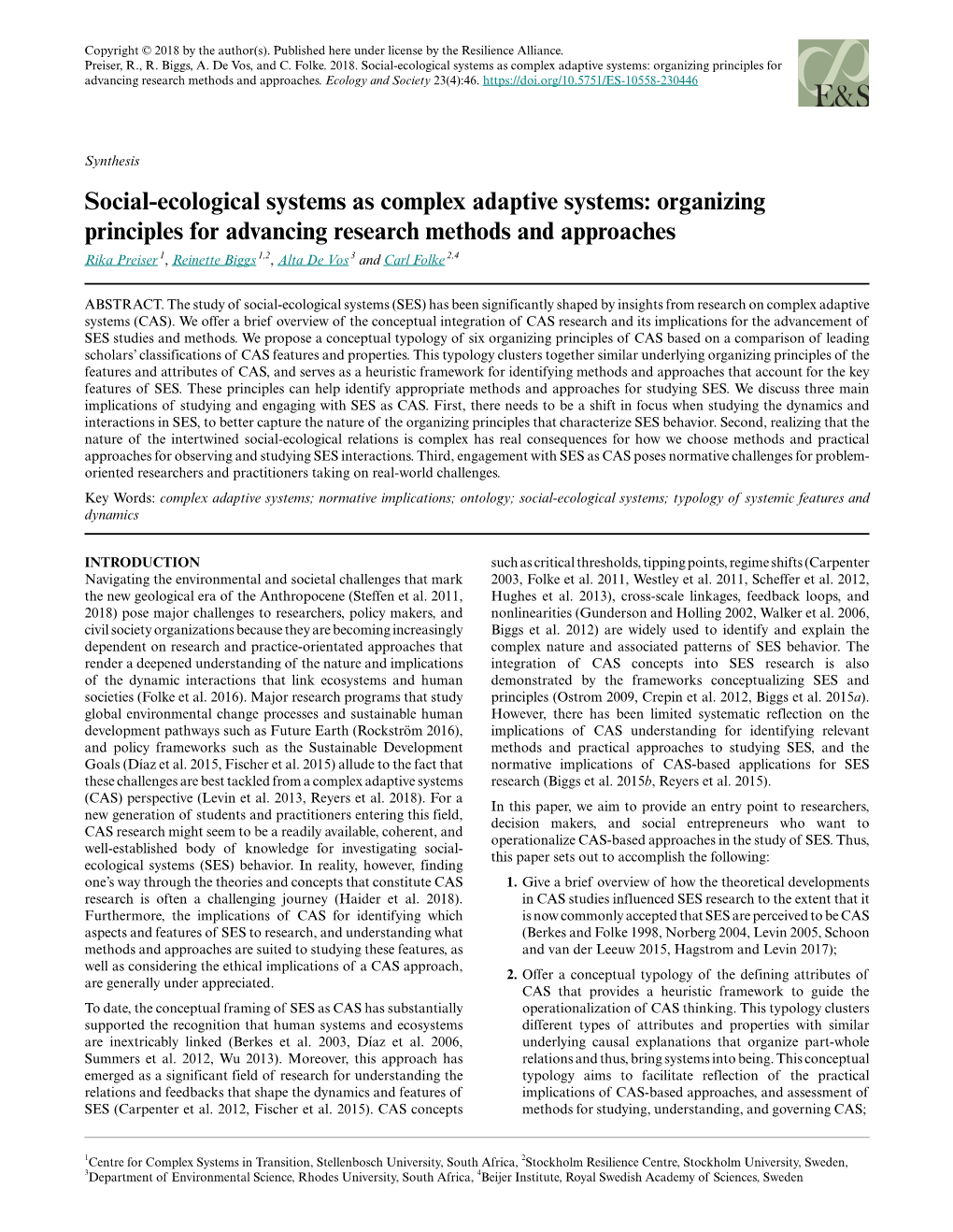 Social-Ecological Systems As Complex Adaptive Systems: Organizing Principles for Advancing Research Methods and Approaches