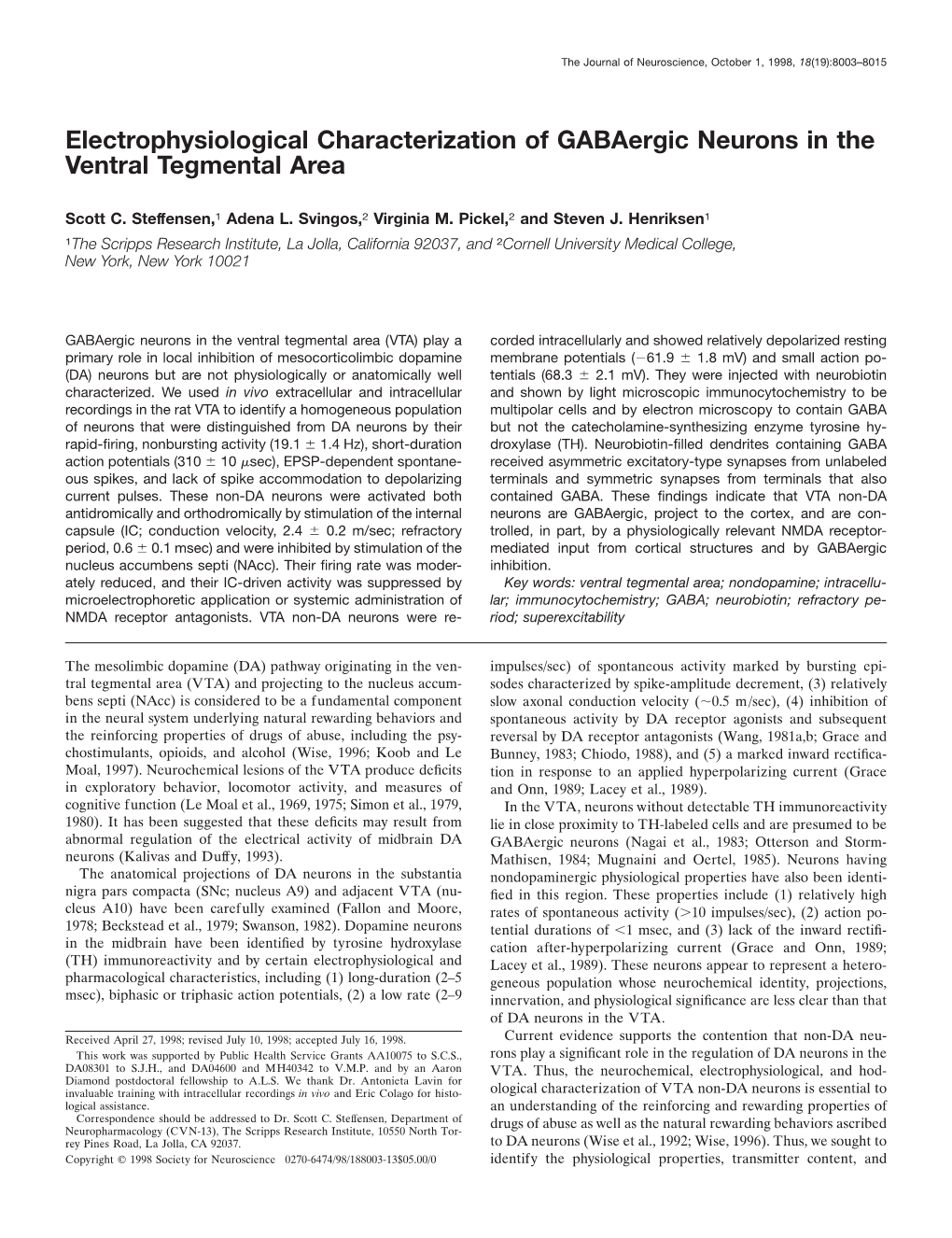 Electrophysiological Characterization of Gabaergic Neurons in the Ventral Tegmental Area