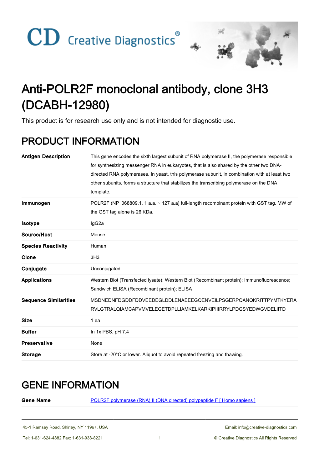 Anti-POLR2F Monoclonal Antibody, Clone 3H3 (DCABH-12980) This Product Is for Research Use Only and Is Not Intended for Diagnostic Use