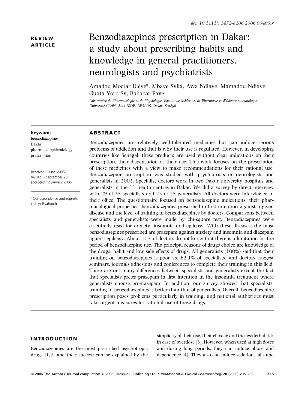 Benzodiazepines Prescription in Dakar: a Study About Prescribing Habits and Knowledge in General Practitioners, Neurologists