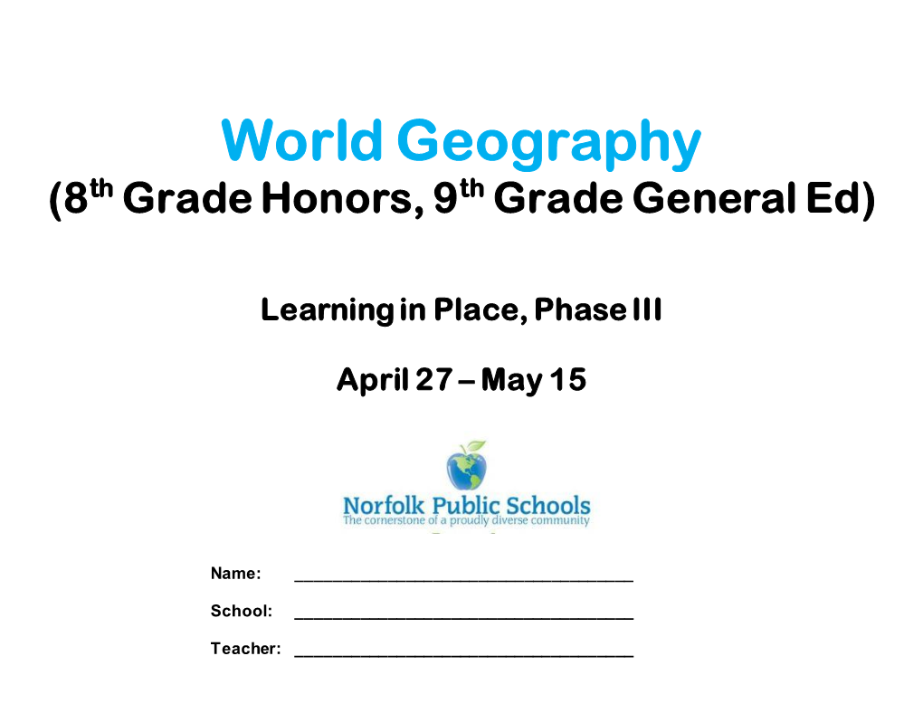 World Geography (8Th Grade Honors, 9Th Grade General Ed)