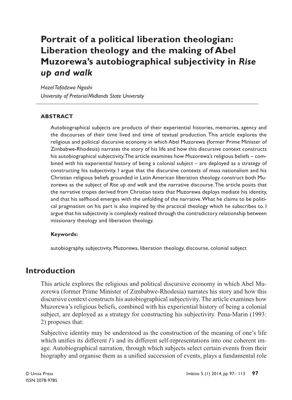 Liberation Theology and the Making of Abel Muzorewa's Autobiographical Subjec