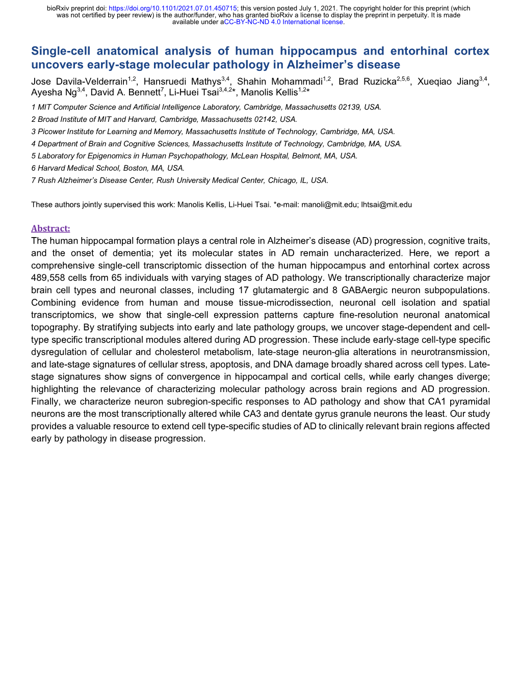 Single-Cell Anatomical Analysis of Human Hippocampus And