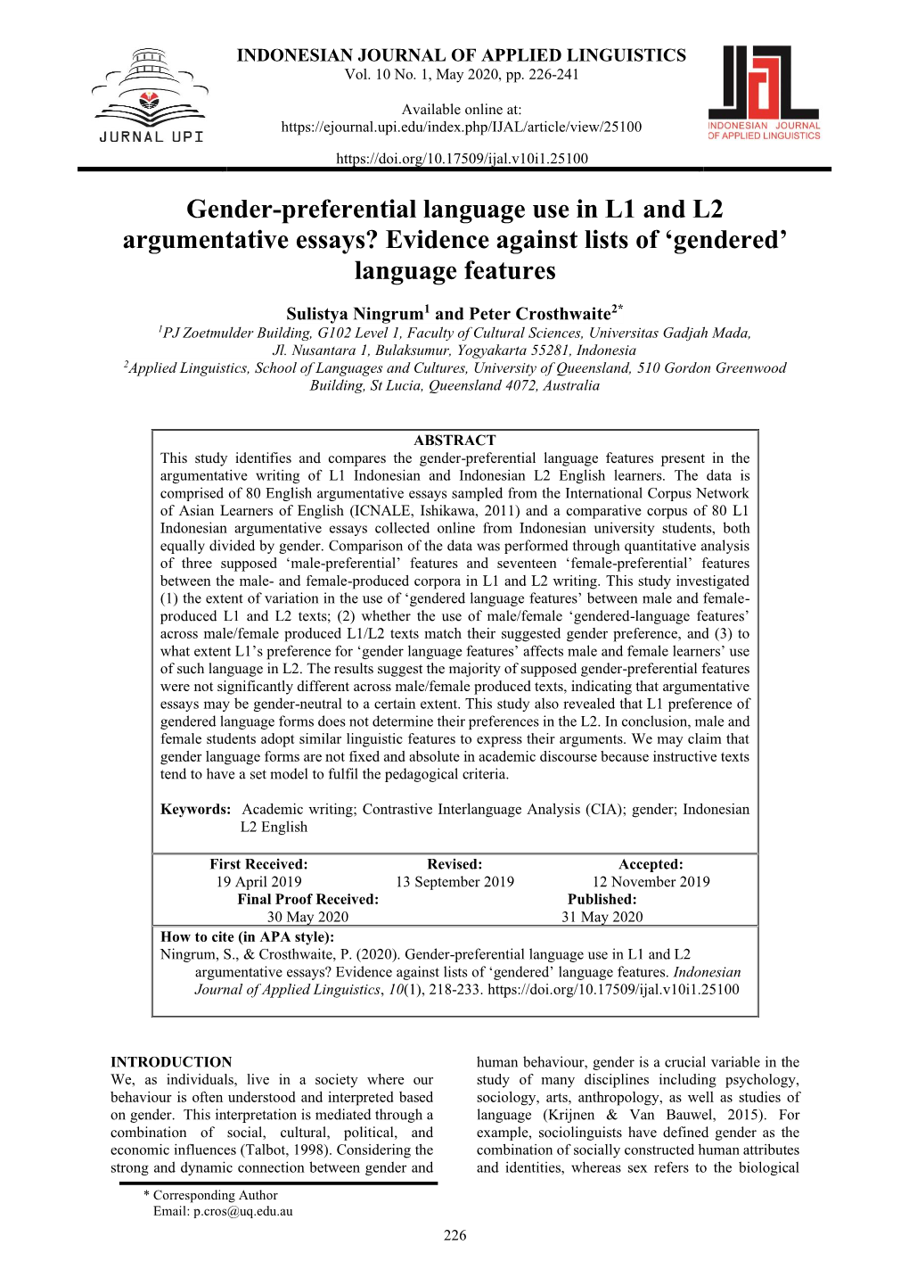 Gender-Preferential Language Use in L1 and L2 Argumentative Essays? Evidence Against Lists of ‘Gendered’ Language Features