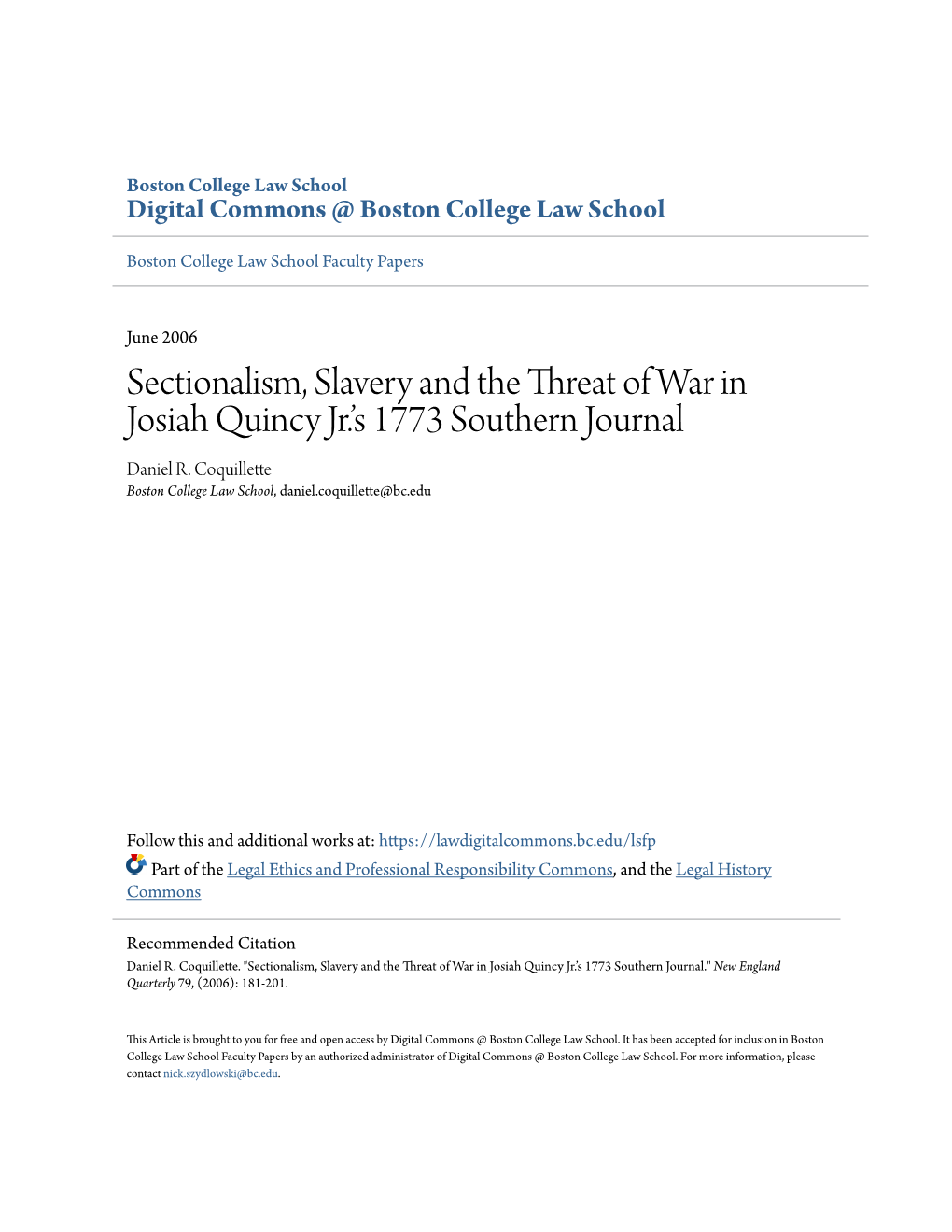 Sectionalism, Slavery and the Threat of War in Josiah Quincy Jr.Â•Žs