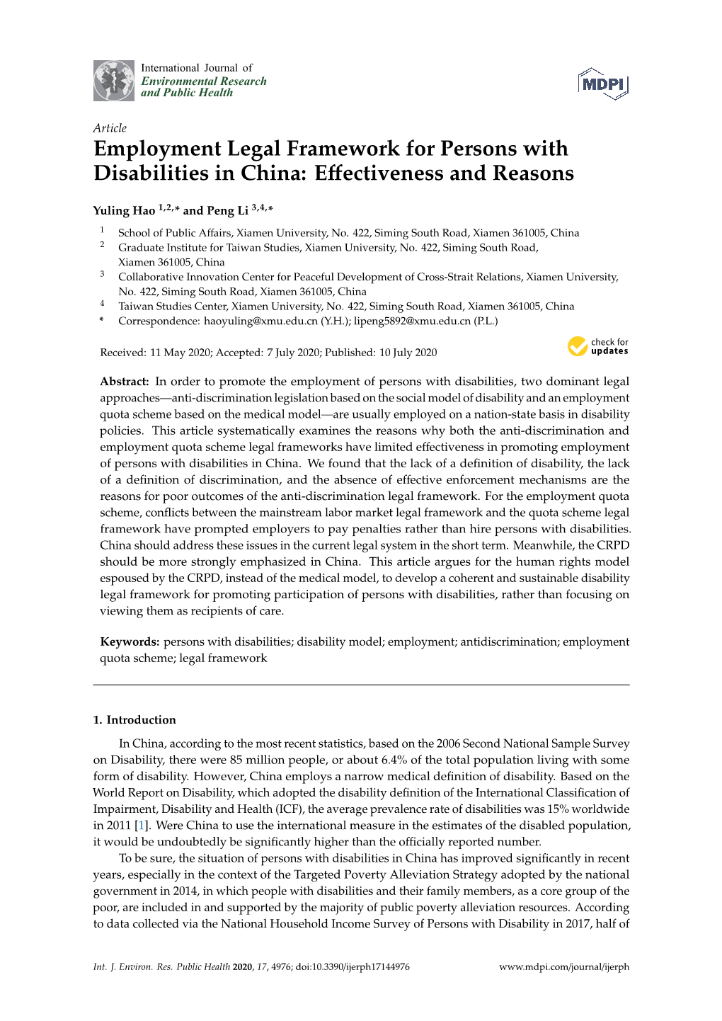 Employment Legal Framework for Persons with Disabilities in China: Eﬀectiveness and Reasons