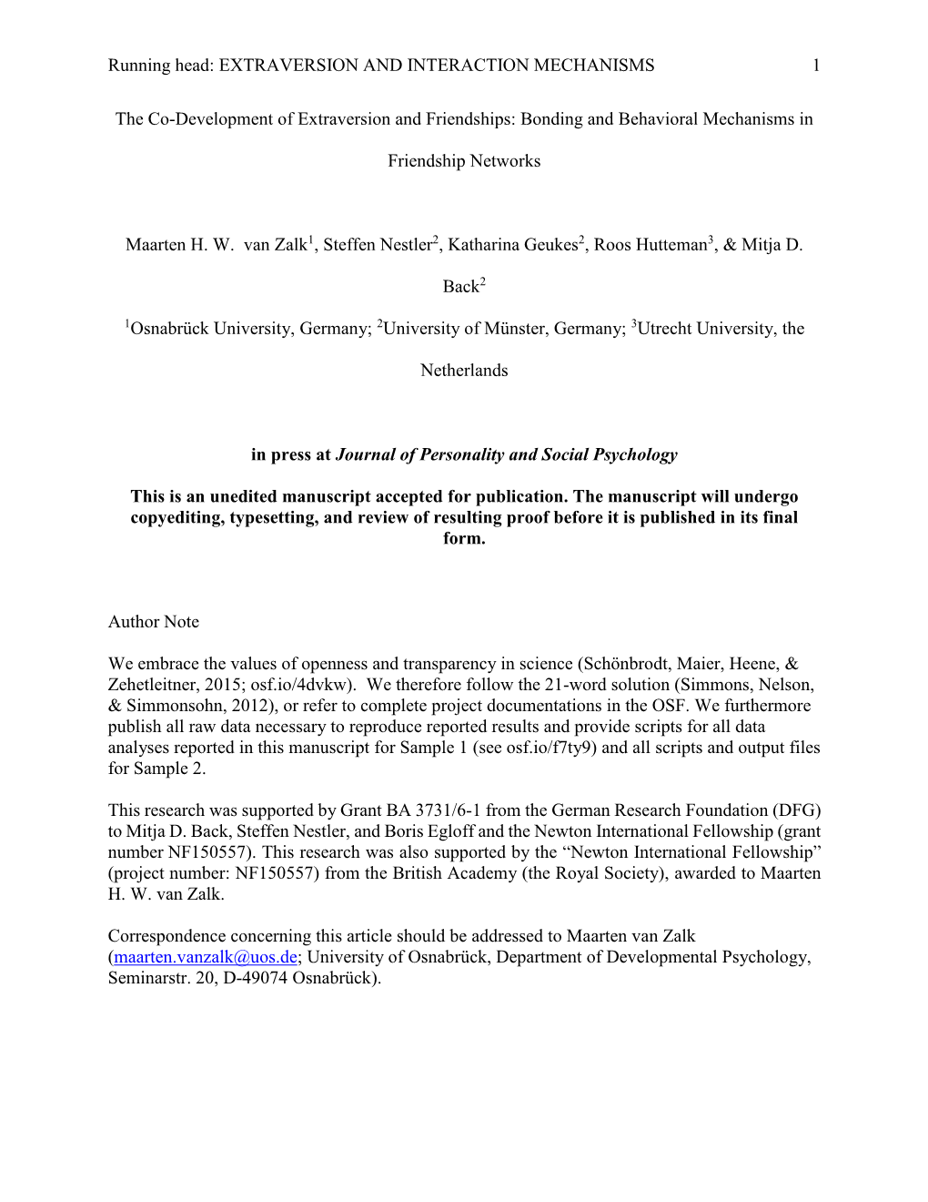 Running Head: EXTRAVERSION and INTERACTION MECHANISMS 1