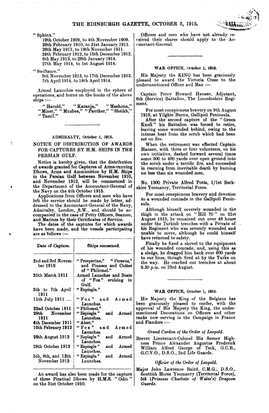 THE EDINBURGH GAZETTE, OCTOBER 5, 1915. " Sphinx." 19Th