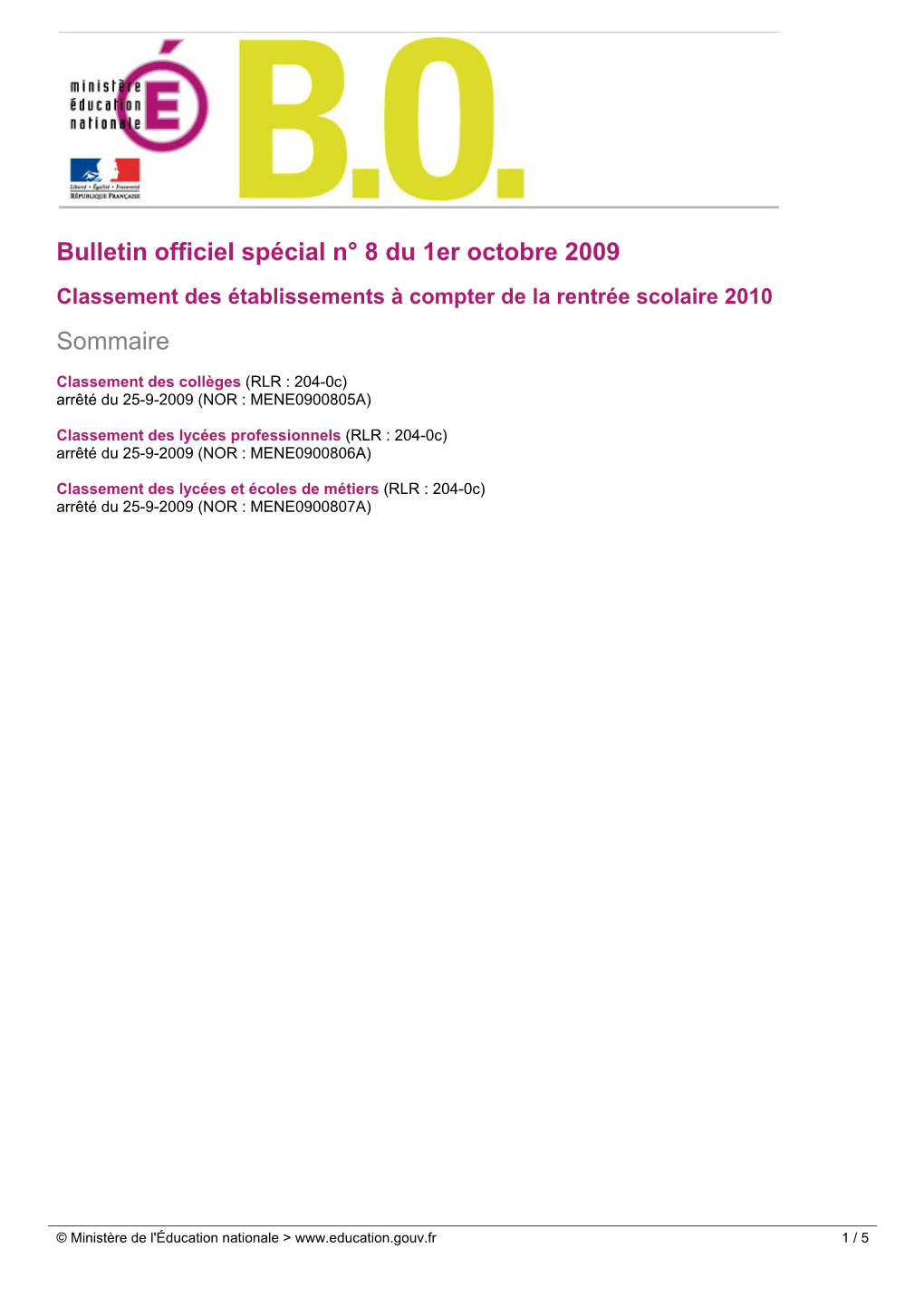 Bulletin Officiel Spécial N° 8 Du 1Er Octobre 2009 Sommaire