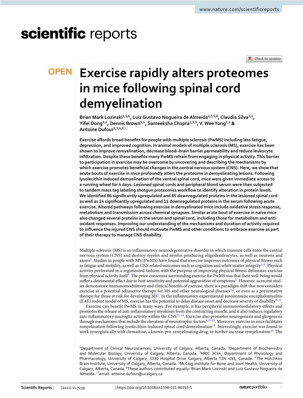 Exercise Rapidly Alters Proteomes in Mice Following Spinal Cord