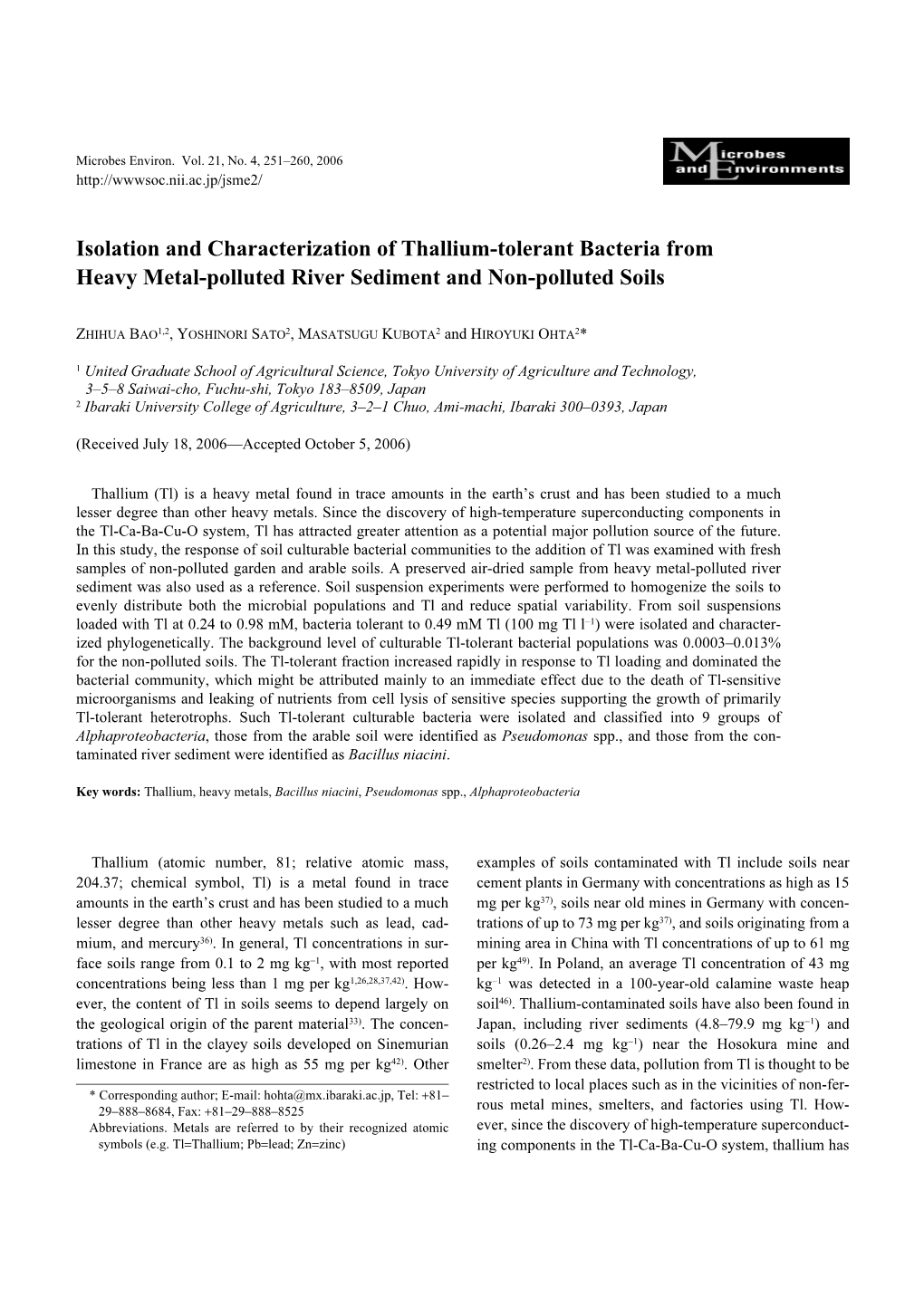 Isolation and Characterization of Thallium-Tolerant Bacteria from Heavy Metal-Polluted River Sediment and Non-Polluted Soils