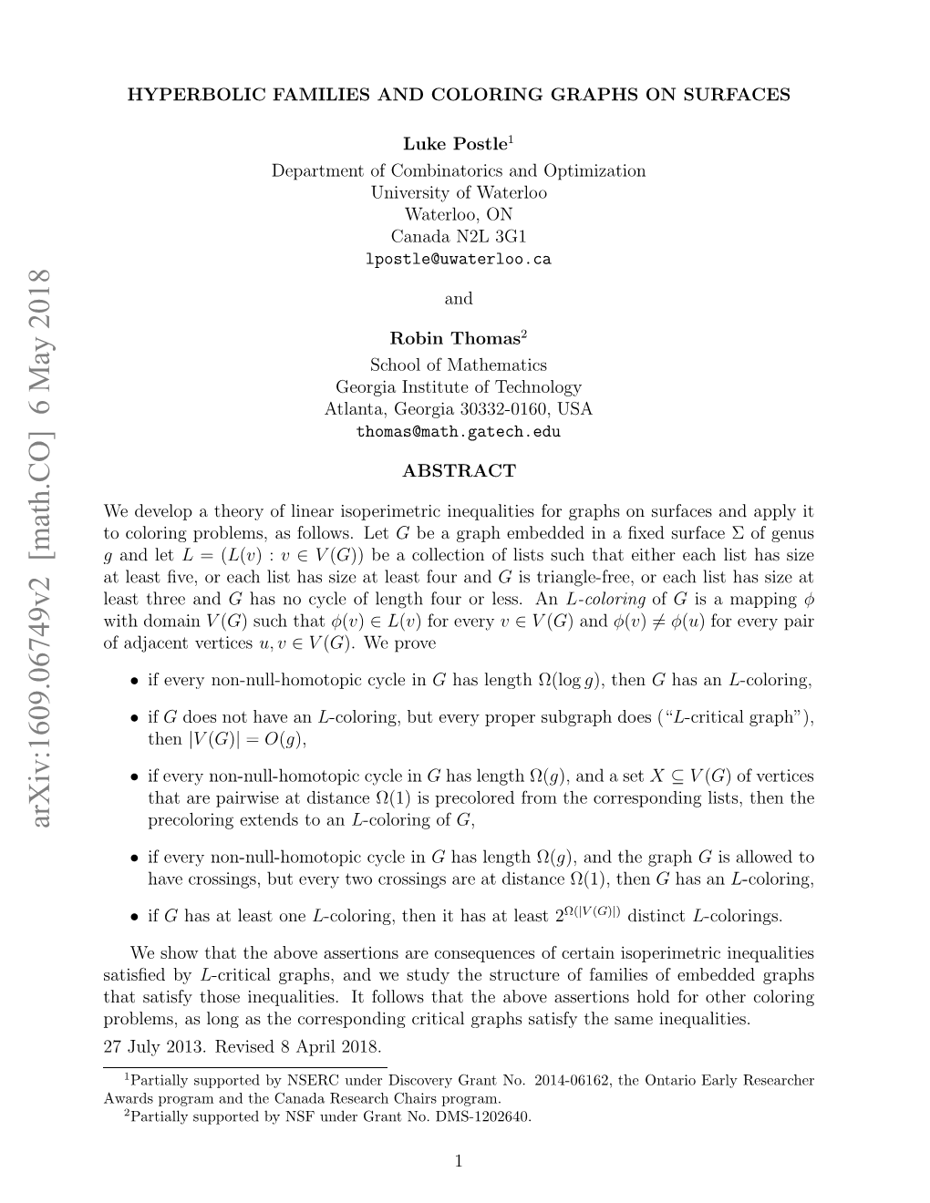 Arxiv:1609.06749V2 [Math.CO] 6 May 2018 G Wrspormadtecnd Eerhcar Program