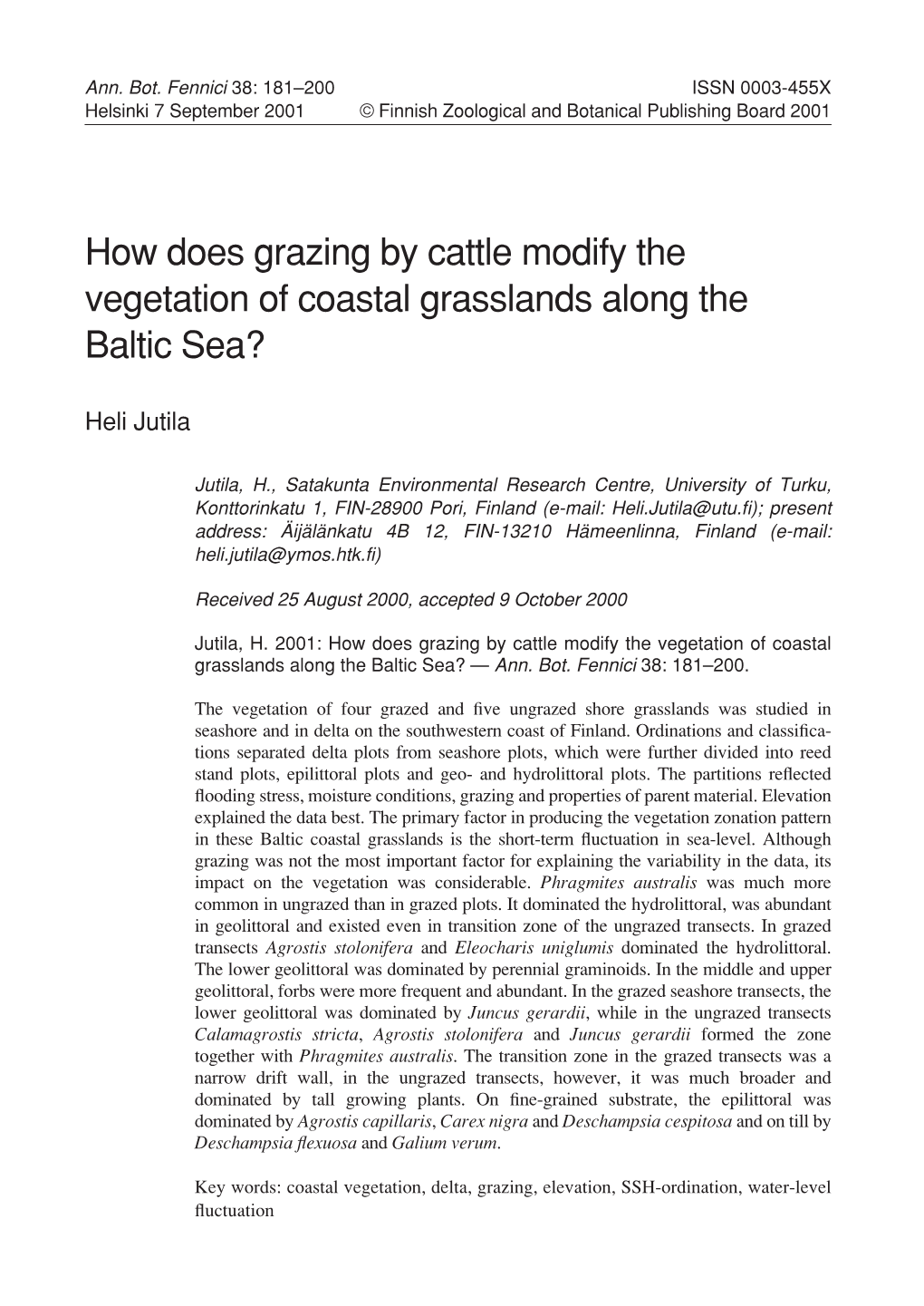 How Does Grazing by Cattle Modify the Vegetation of Coastal Grasslands Along the Baltic Sea?