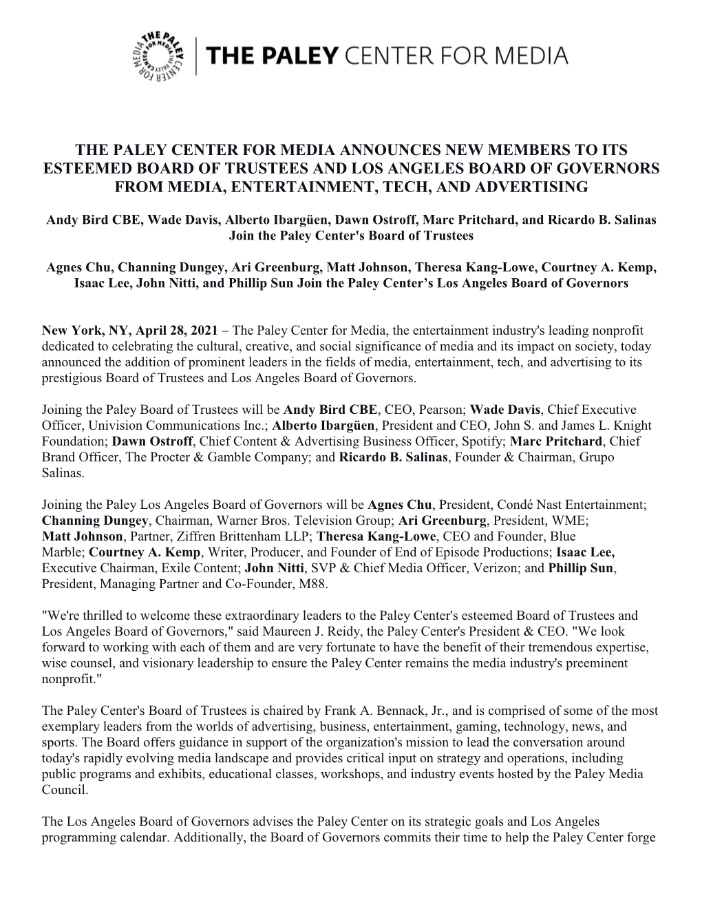 The Paley Center for Media Announces New Members To