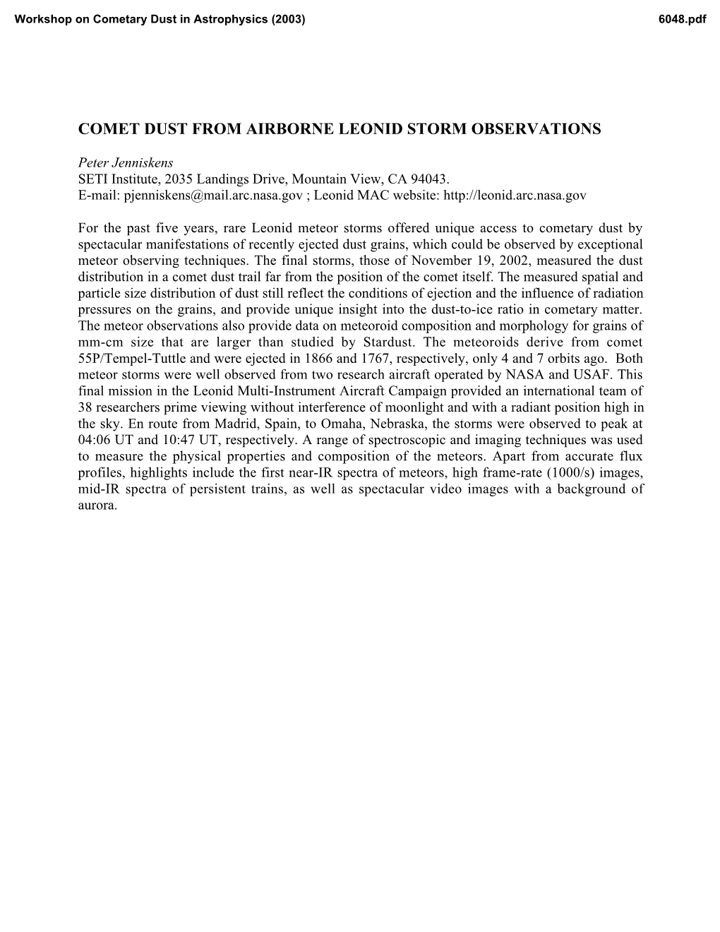 Comet Dust from Airborne Leonid Storm Observations