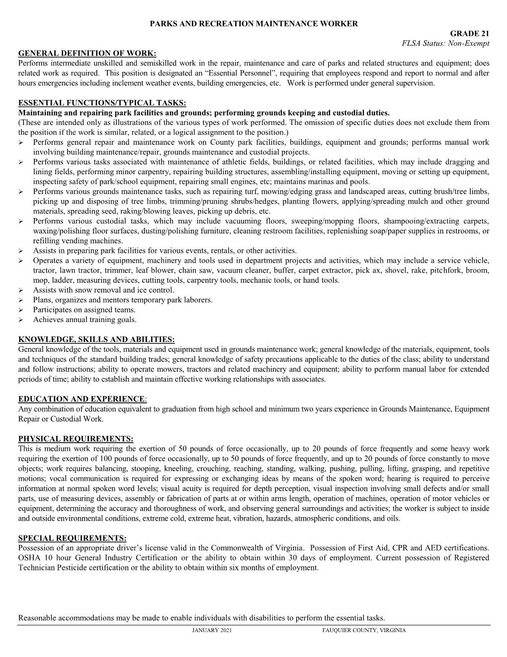 Parks and Facilities Maintenance Worker I