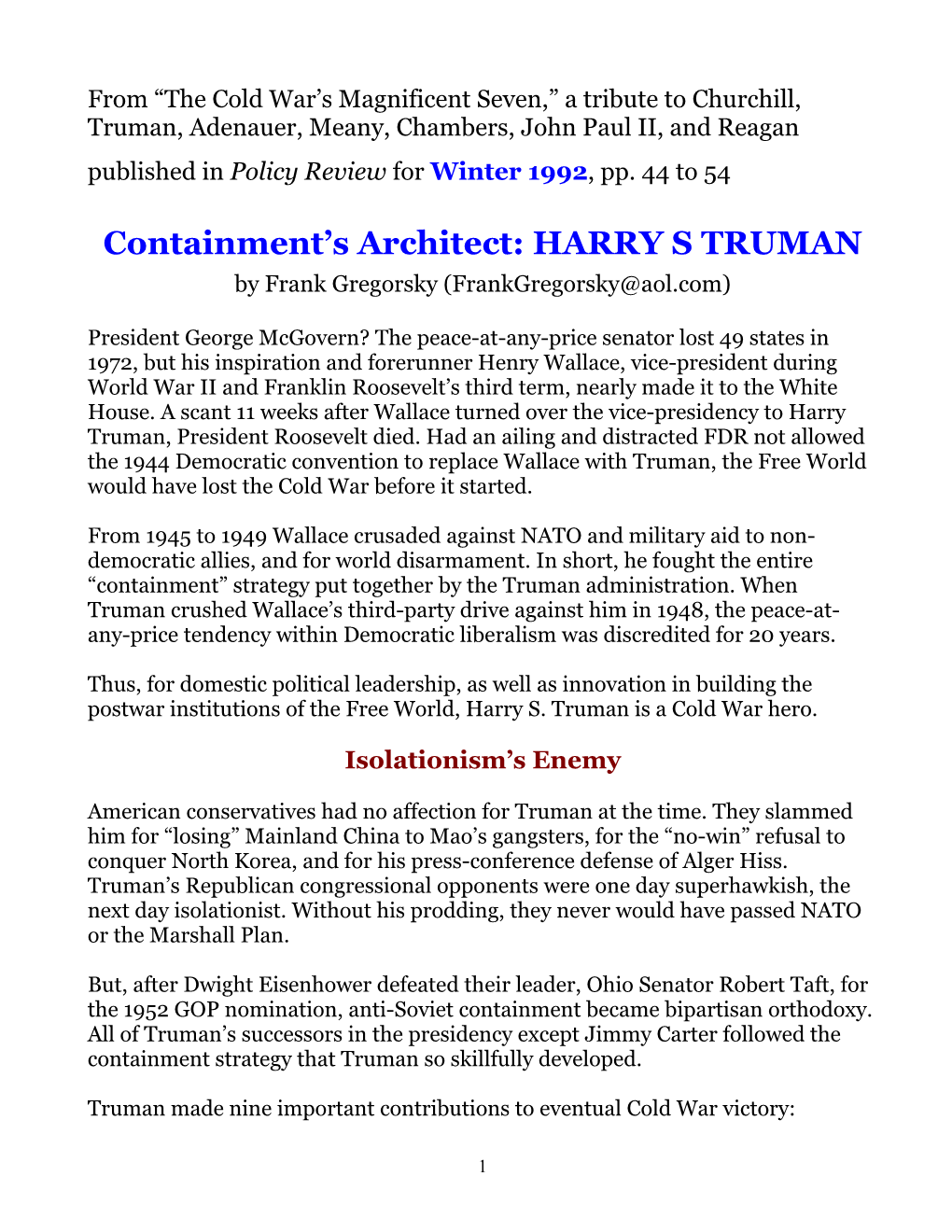 Containment's Architect: HARRY S TRUMAN