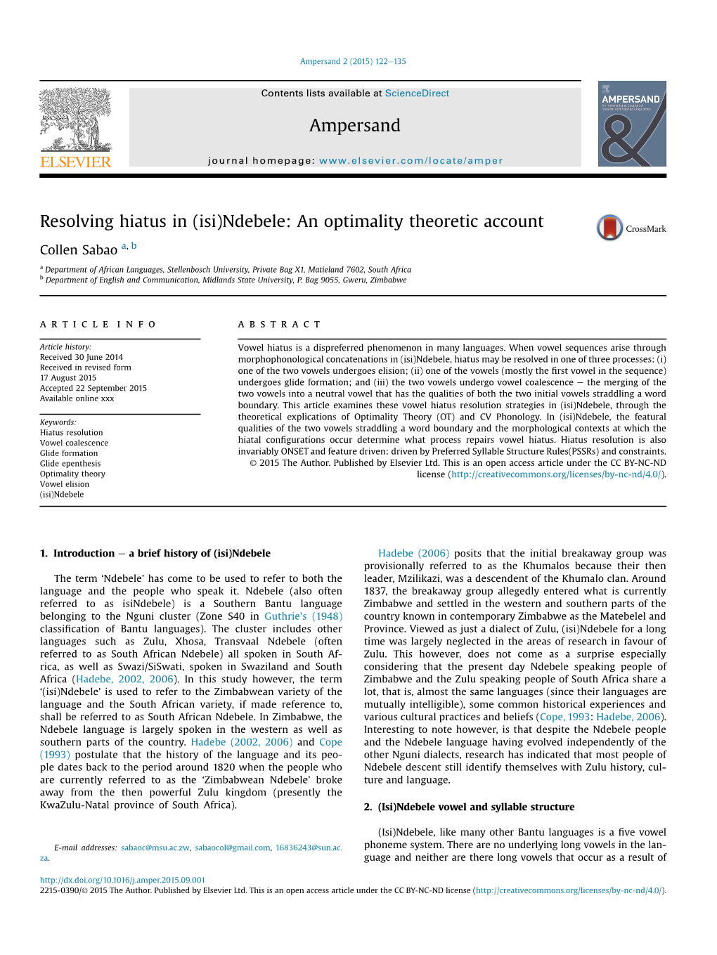 Resolving Hiatus in (Isi)Ndebele: an Optimality Theoretic Account