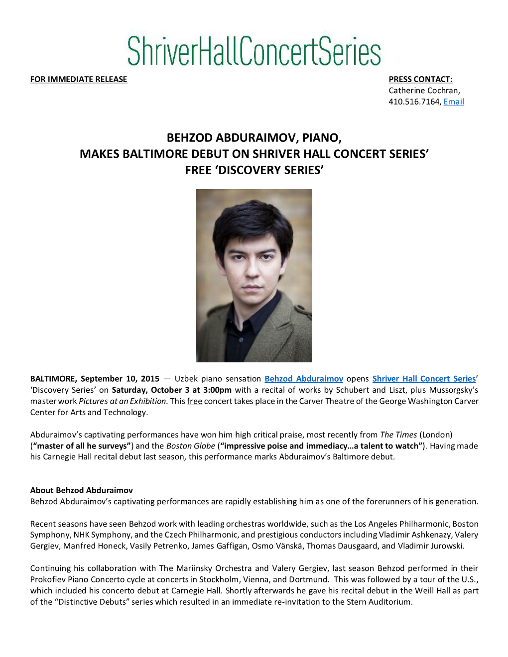 Behzod Abduraimov, Piano, Makes Baltimore Debut on Shriver Hall Concert Series’ Free ‘Discovery Series’