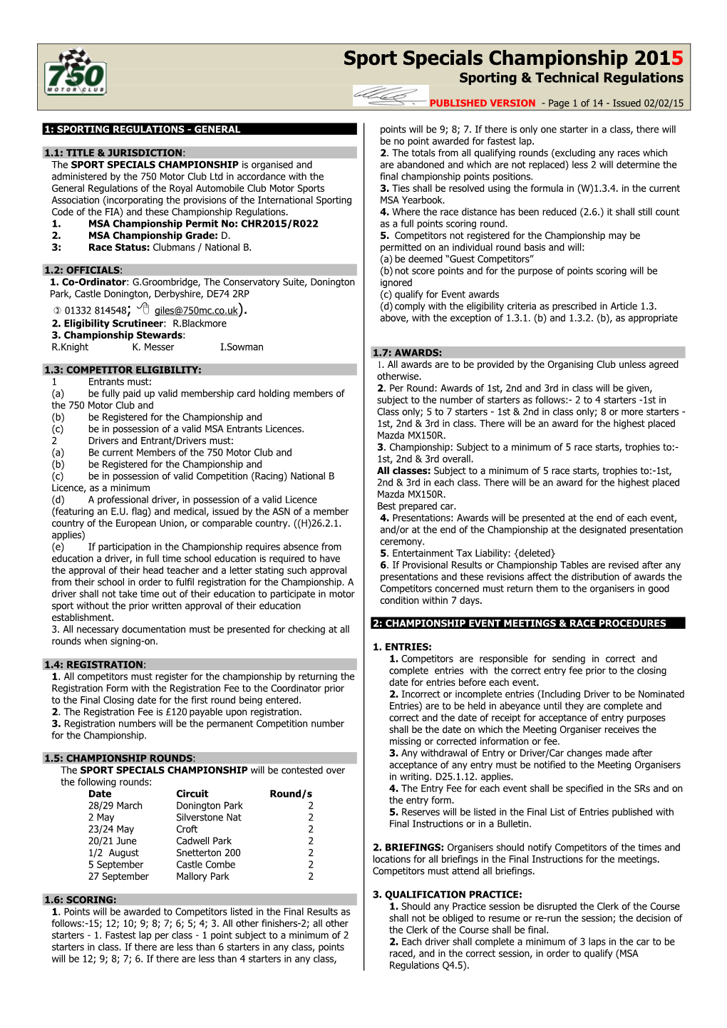 Sport Specials Championship 2015 Sporting & Technical Regulations