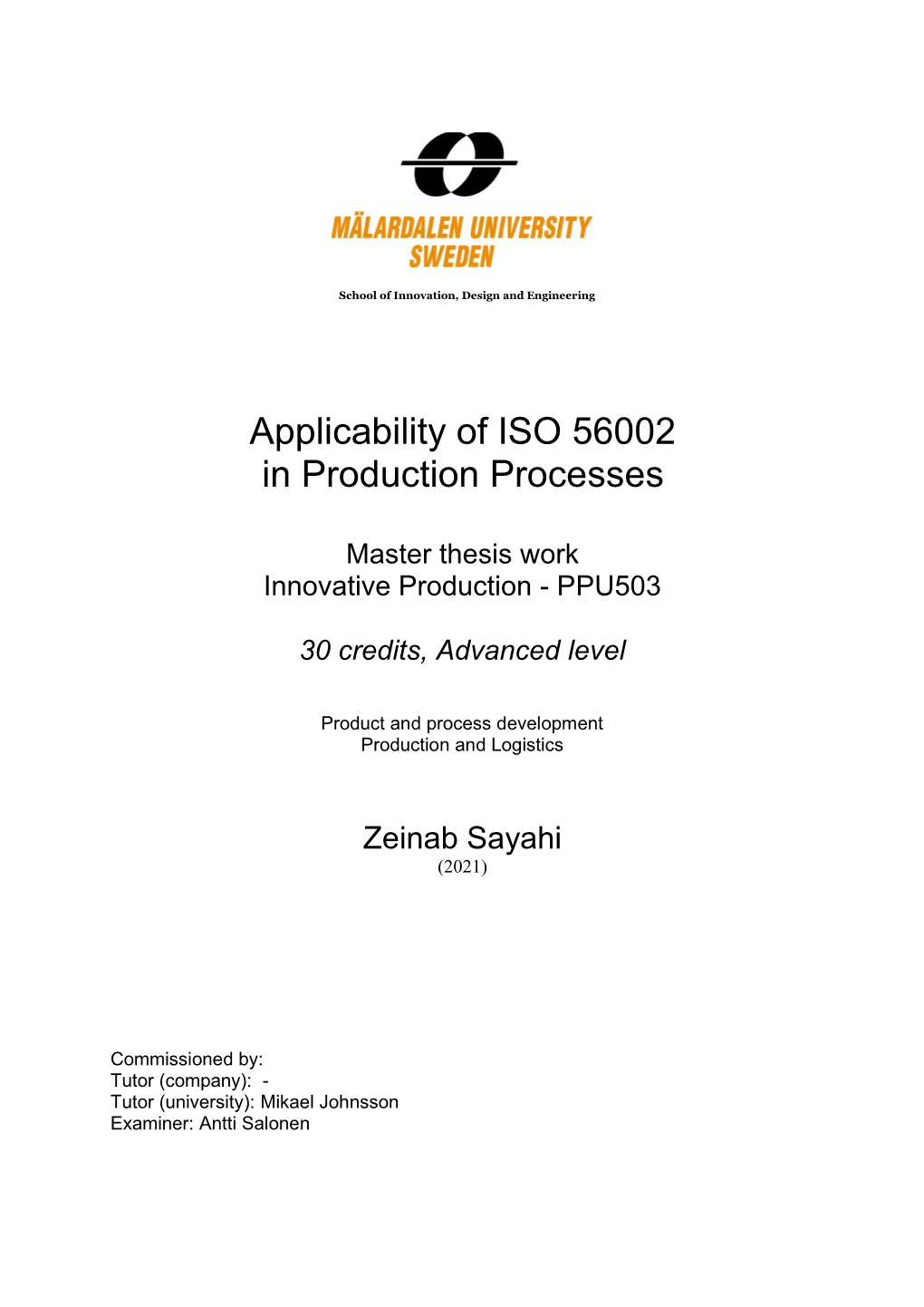 Applicability of ISO 56002 in Production Processes