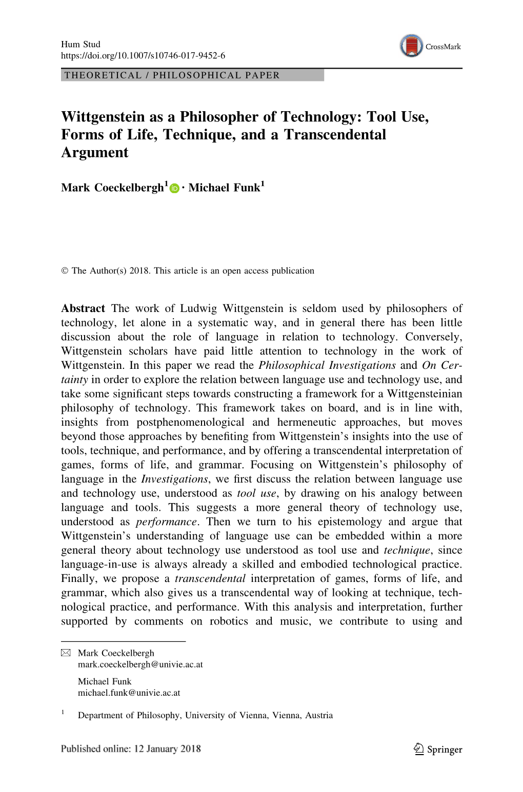 Wittgenstein As a Philosopher of Technology: Tool Use, Forms of Life, Technique, and a Transcendental Argument