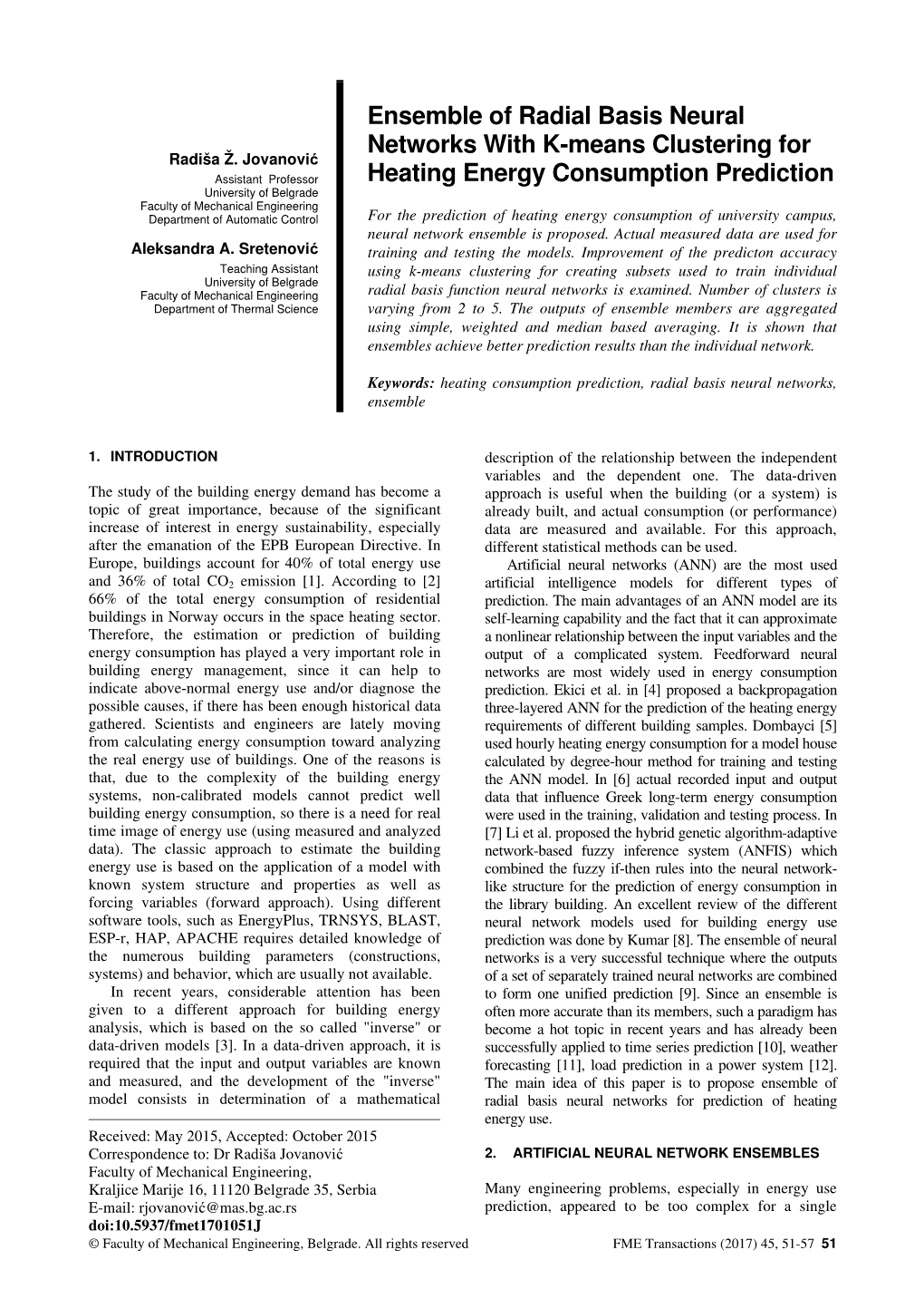 Ensemble of Radial Basis Neural Networks with K-Means Clustering for Radiša Ž