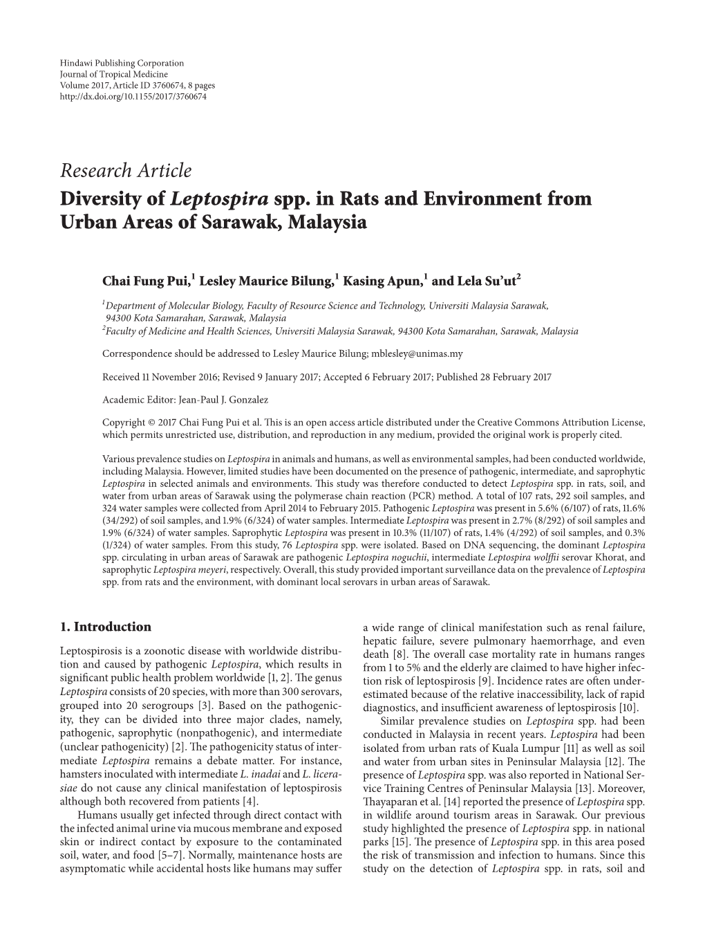 Research Article Diversity of Leptospira Spp. in Rats and Environment from Urban Areas of Sarawak, Malaysia