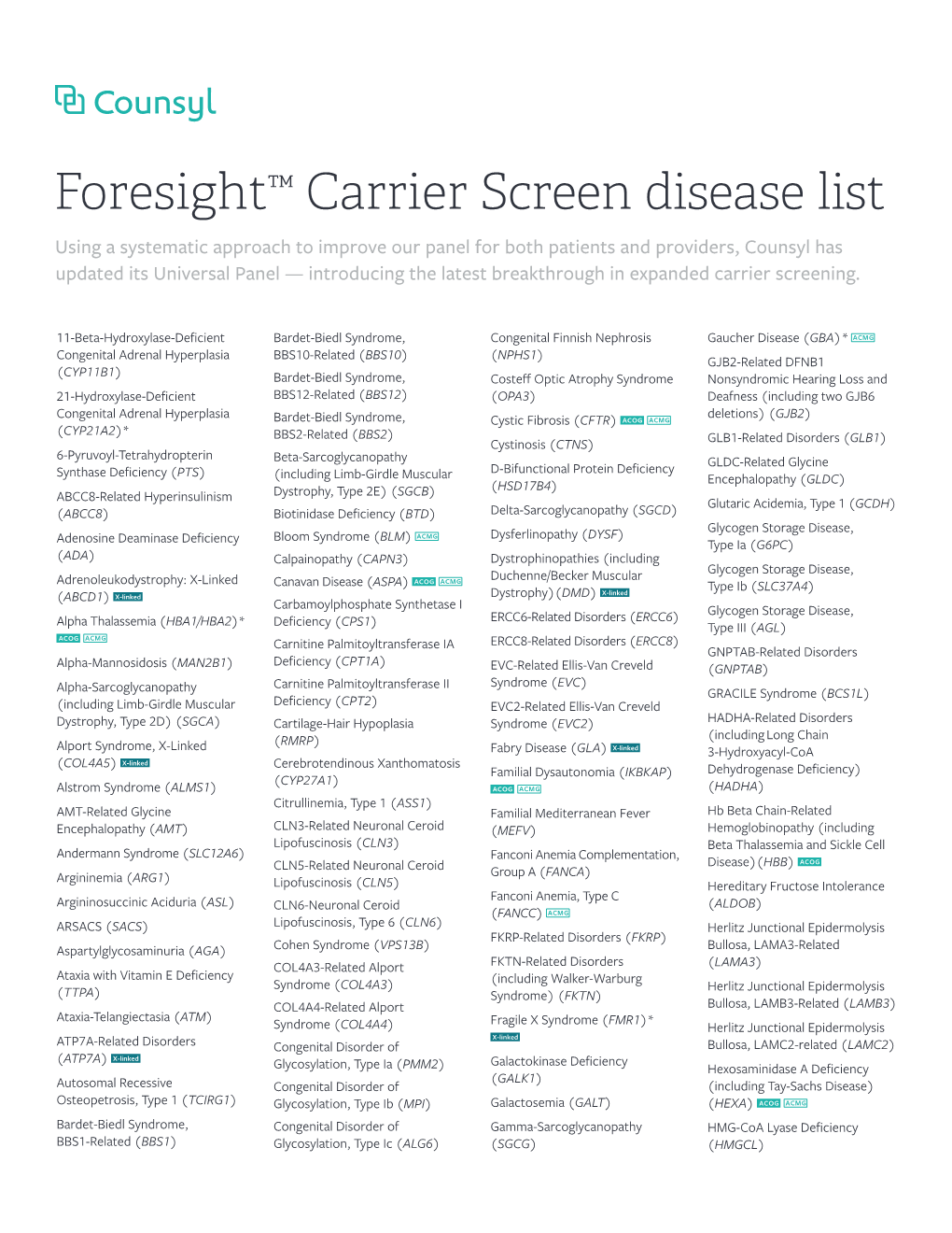 Foresight™ Carrier Screen Disease List