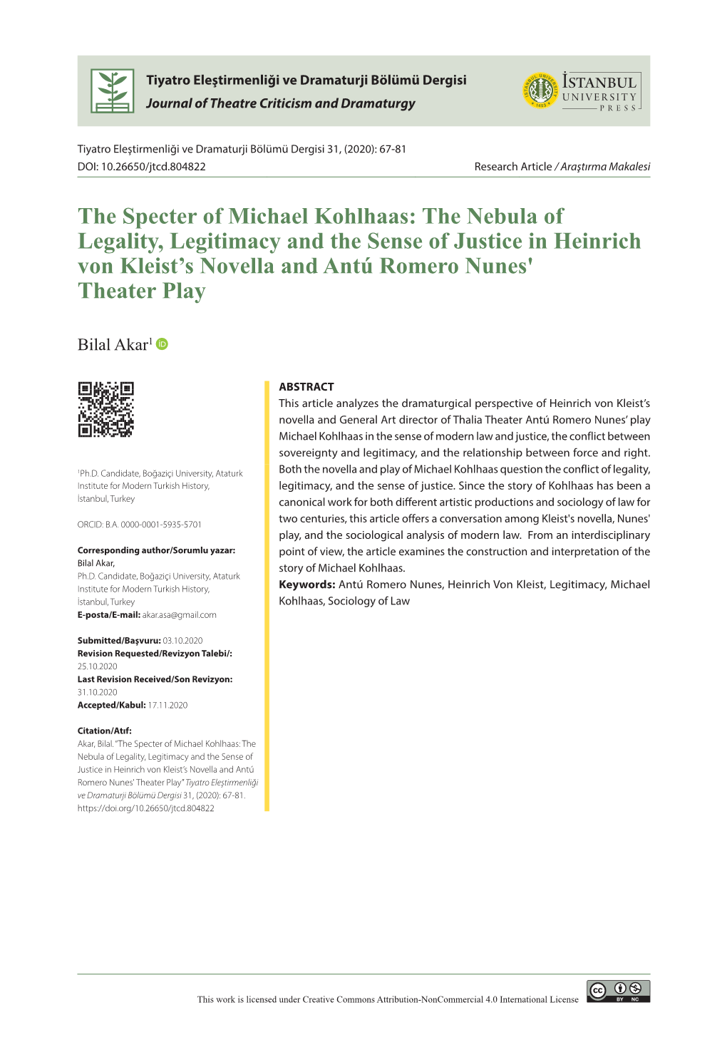 The Specter of Michael Kohlhaas: the Nebula of Legality, Legitimacy and the Sense of Justice in Heinrich Von Kleist's Novella