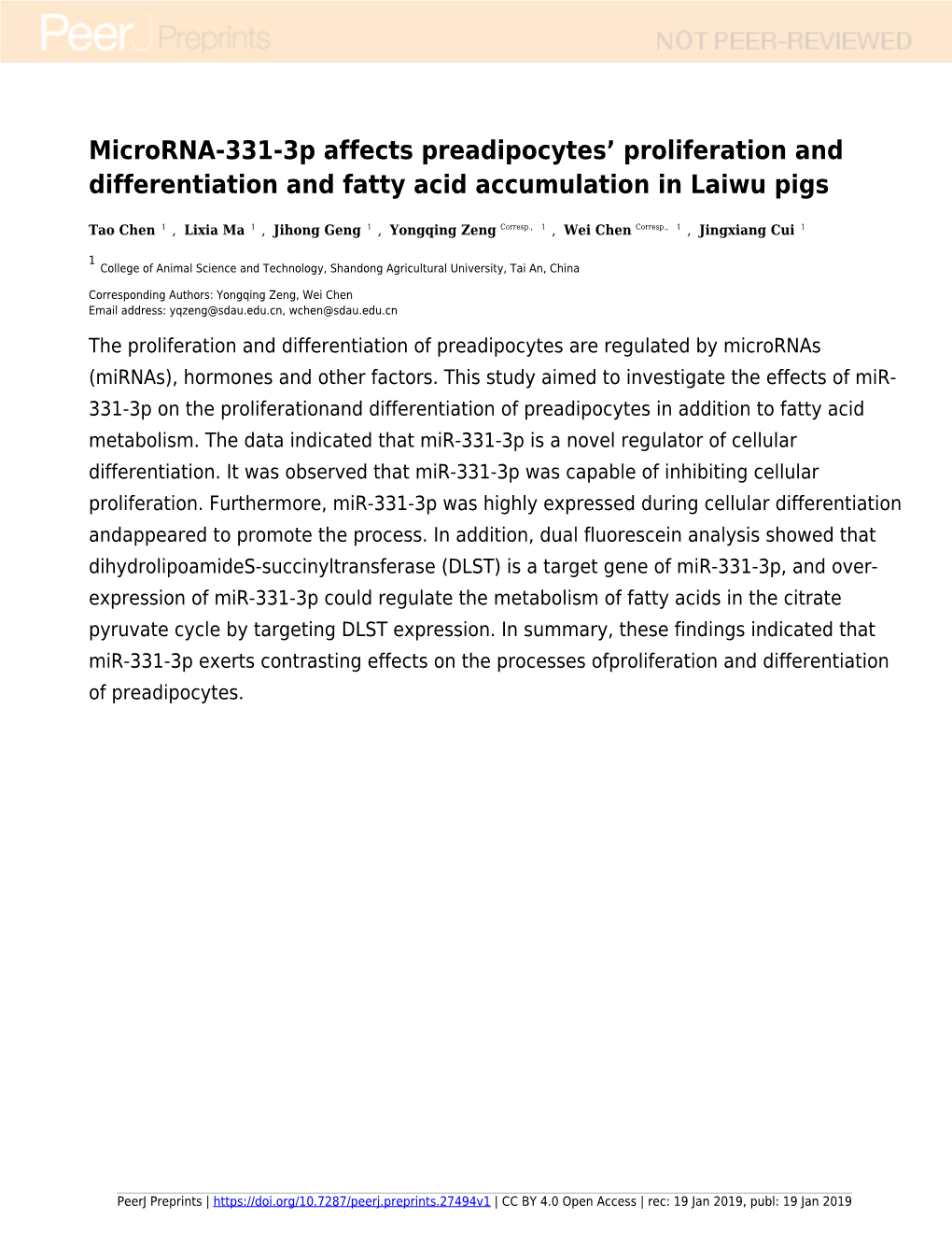 Microrna-331-3P Affects Preadipocytes' Proliferation and Differentiation and Fatty Acid Accumulation in Laiwu Pigs