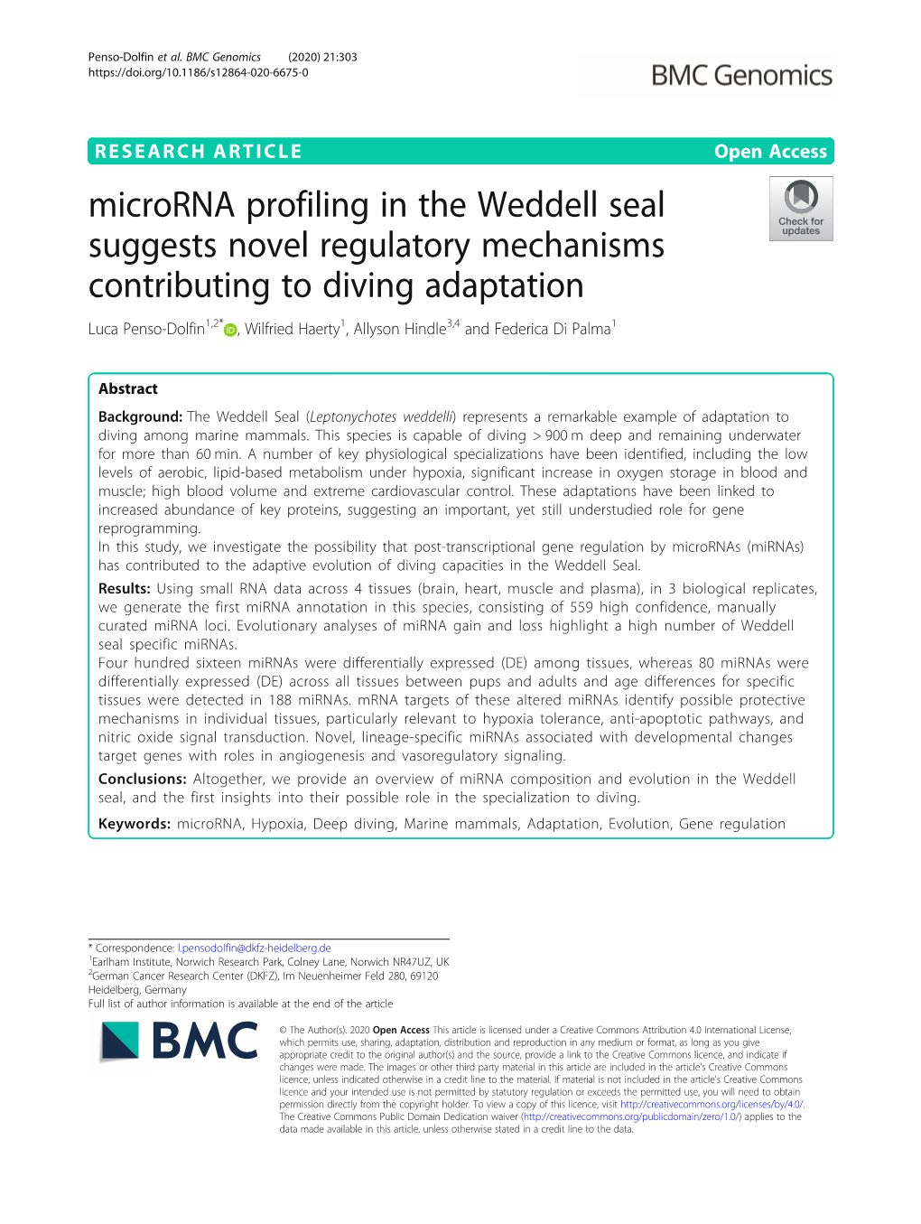 Microrna Profiling in the Weddell Seal Suggests Novel Regulatory Mechanisms Contributing to Diving Adaptation