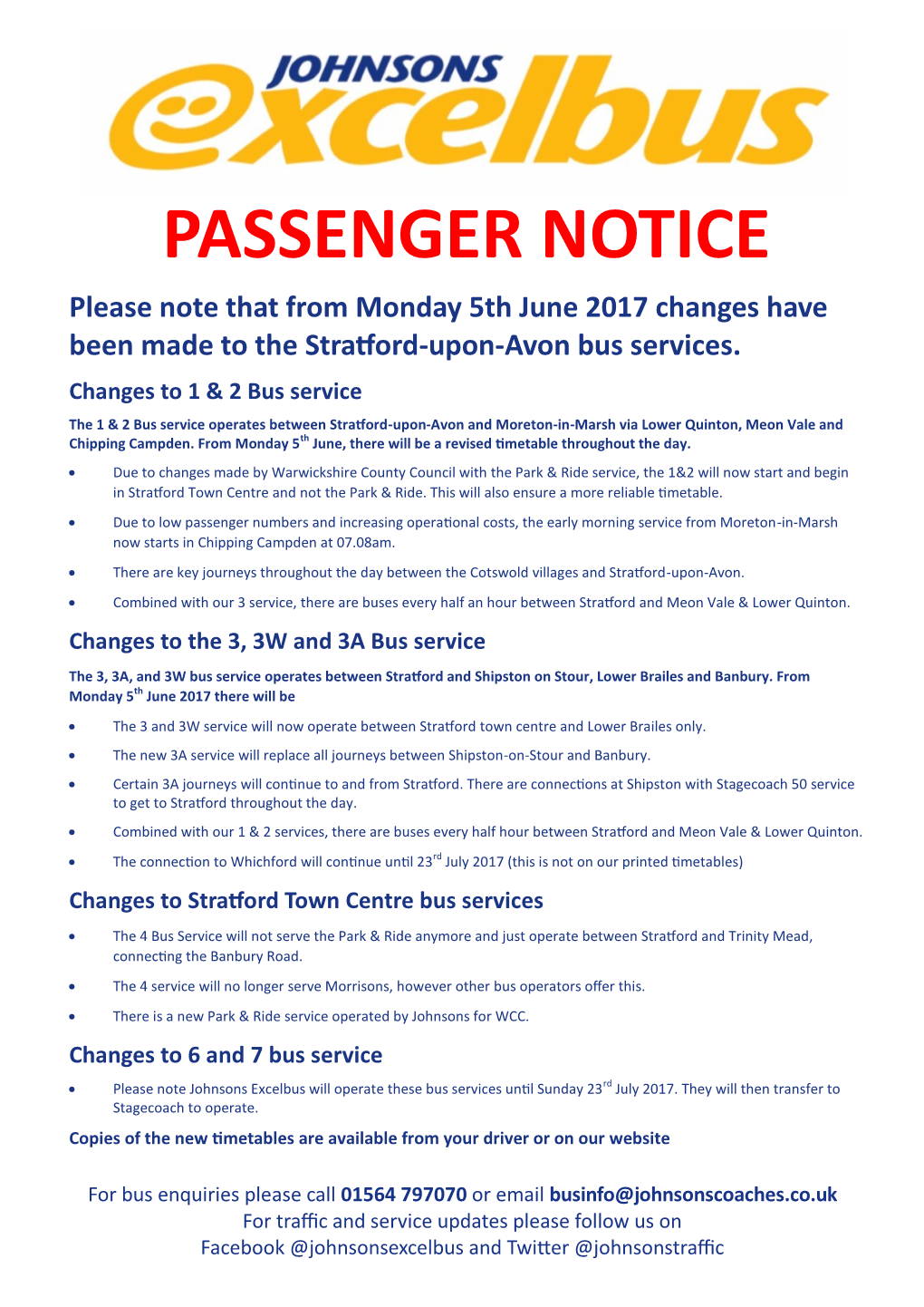 PASSENGER NOTICE Please Note That from Monday 5Th June 2017 Changes Have Been Made to the Stratford-Upon-Avon Bus Services