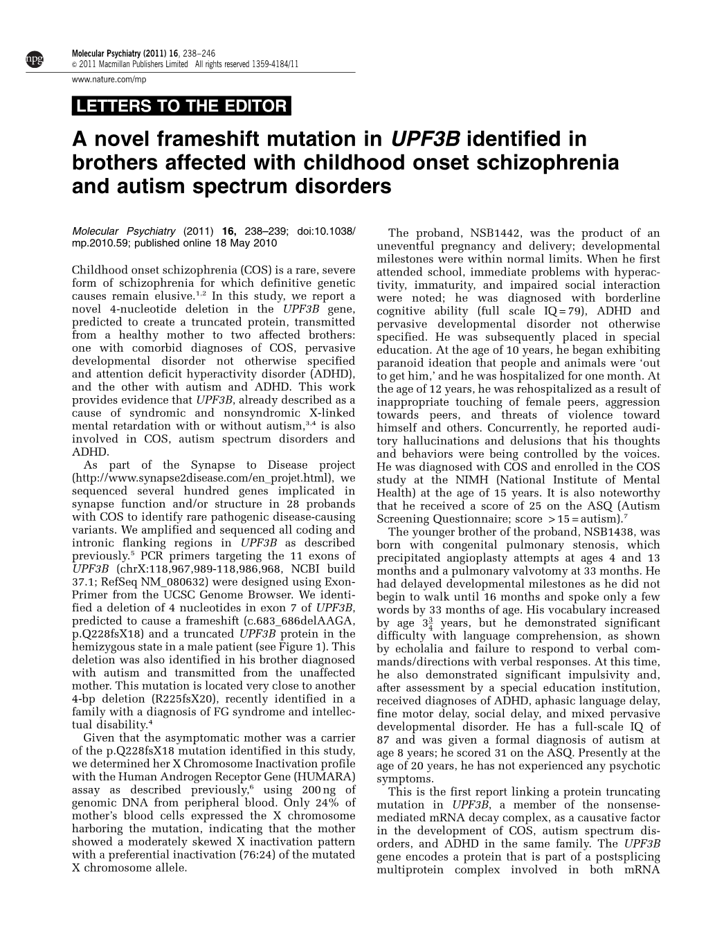 A Novel Frameshift Mutation in UPF3B Identified in Brothers Affected with Childhood Onset Schizophrenia and Autism Spectrum Disorders