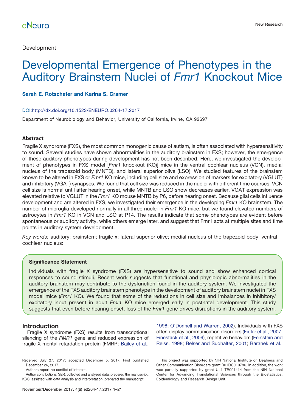 Developmental Emergence of Phenotypes in the Auditory Brainstem Nuclei of Fmr1 Knockout Mice