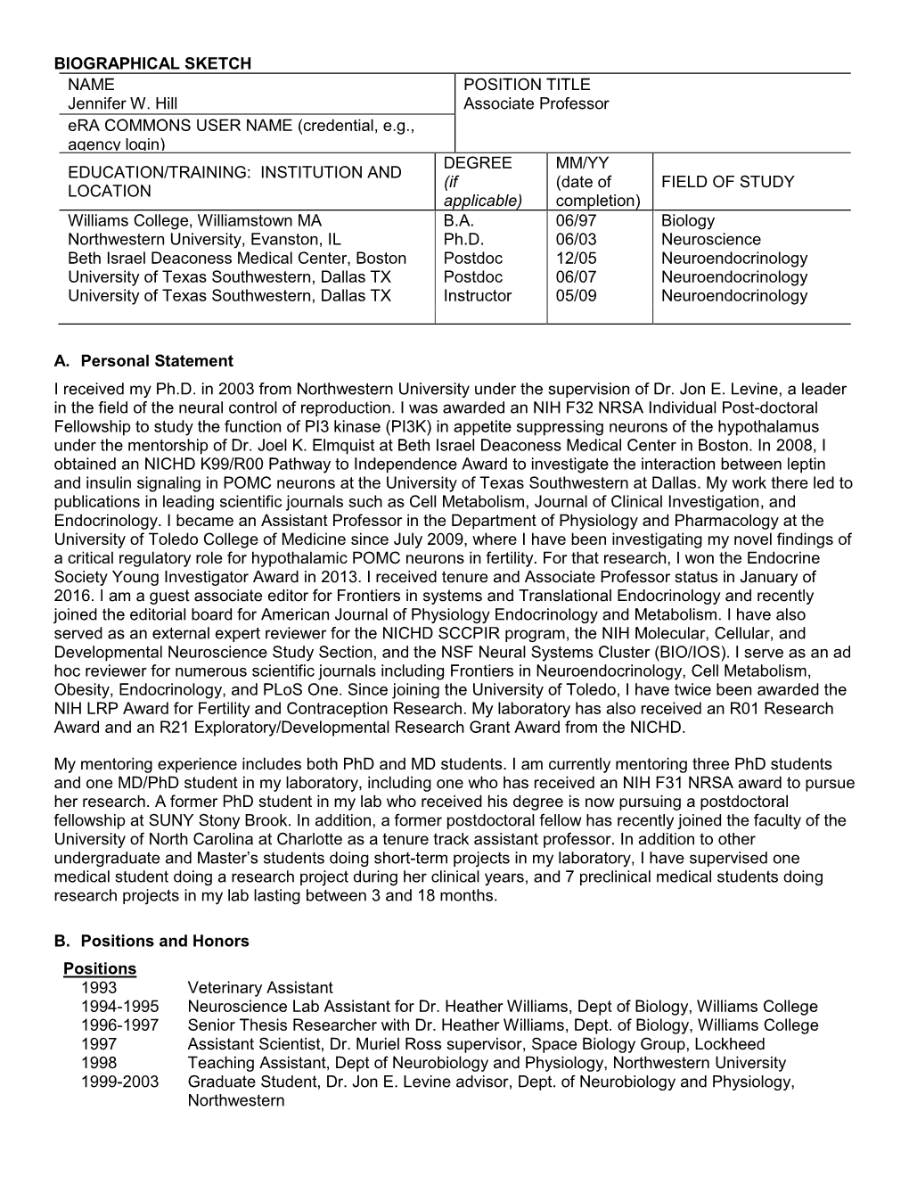 Biographical Sketch Format Page