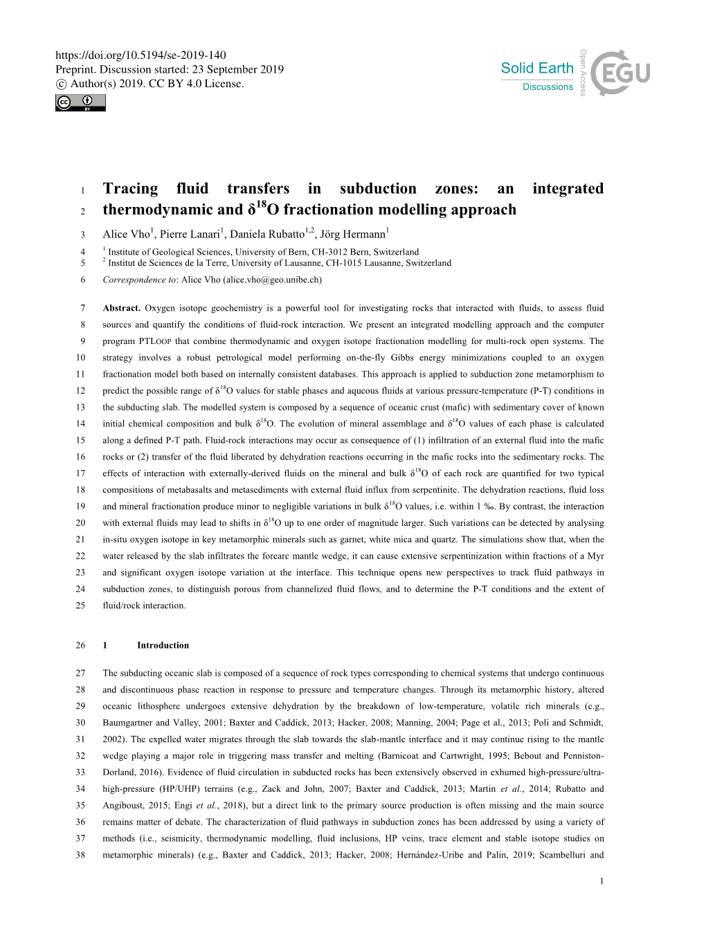 Tracing Fluid Transfers in Subduction Zones: an Integrated 18 2 Thermodynamic and Δ O Fractionation Modelling Approach