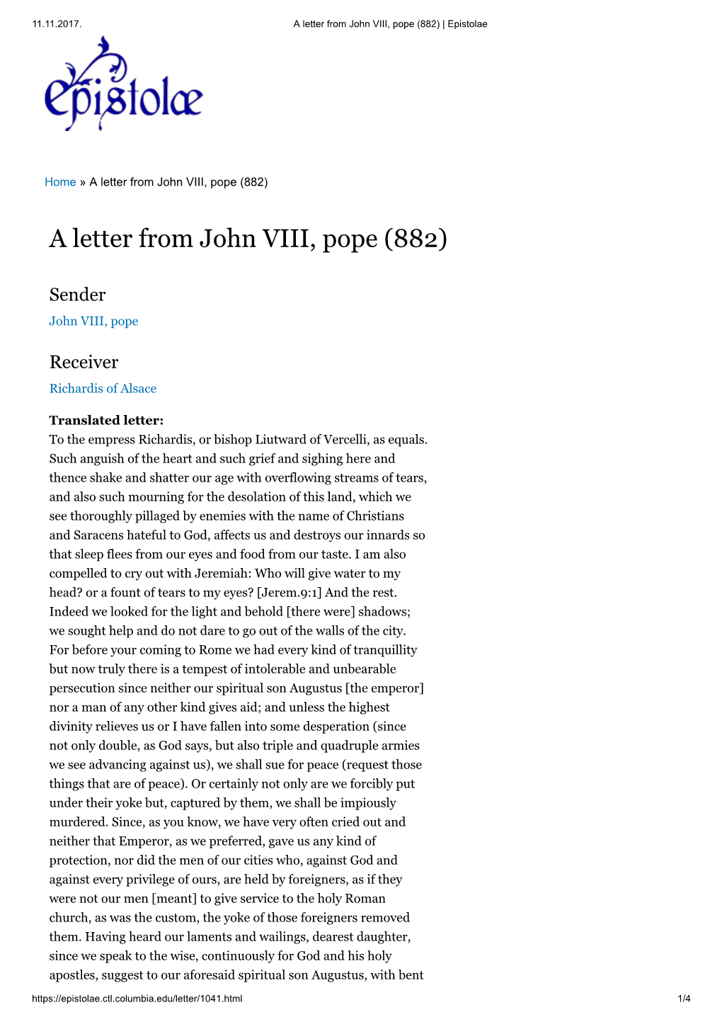 A Letter from John VIII, Pope (882) | Epistolae