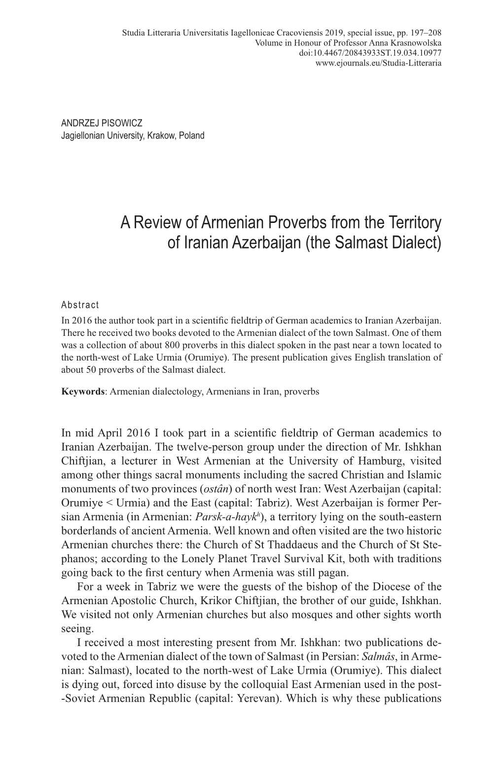 A Review of Armenian Proverbs from the Territory of Iranian Azerbaijan (The Salmast Dialect)