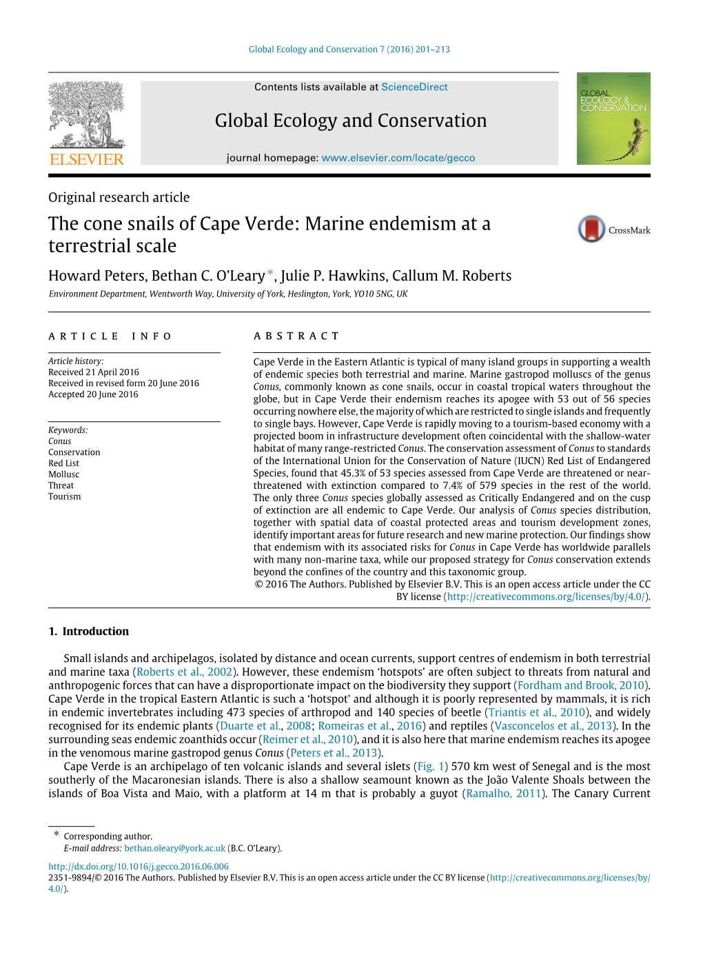 The Cone Snails of Cape Verde: Marine Endemism at a Terrestrial Scale Howard Peters, Bethan C