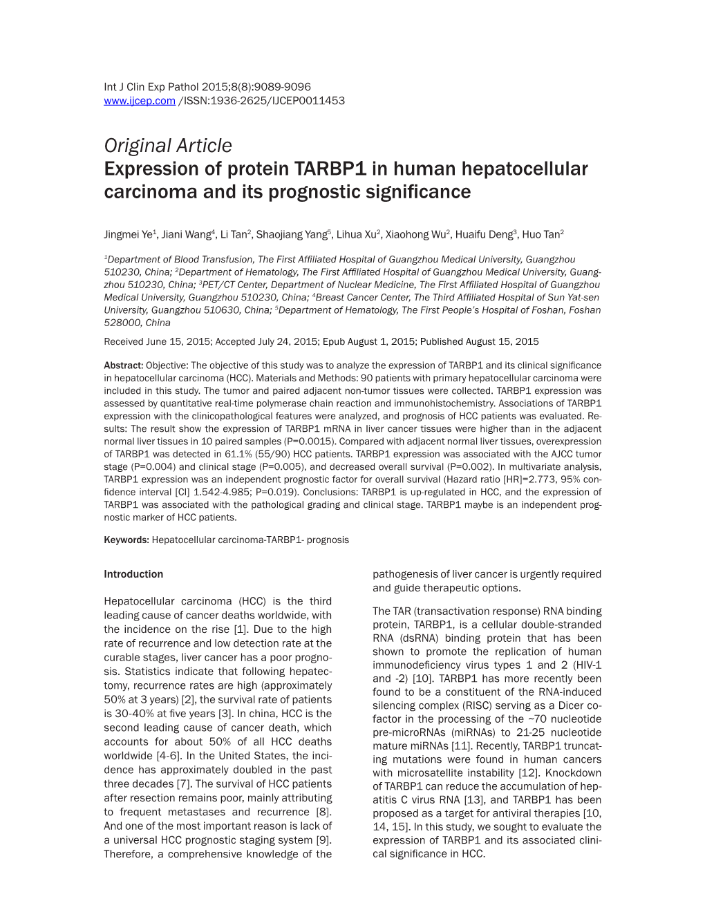 Original Article Expression of Protein TARBP1 in Human Hepatocellular Carcinoma and Its Prognostic Significance