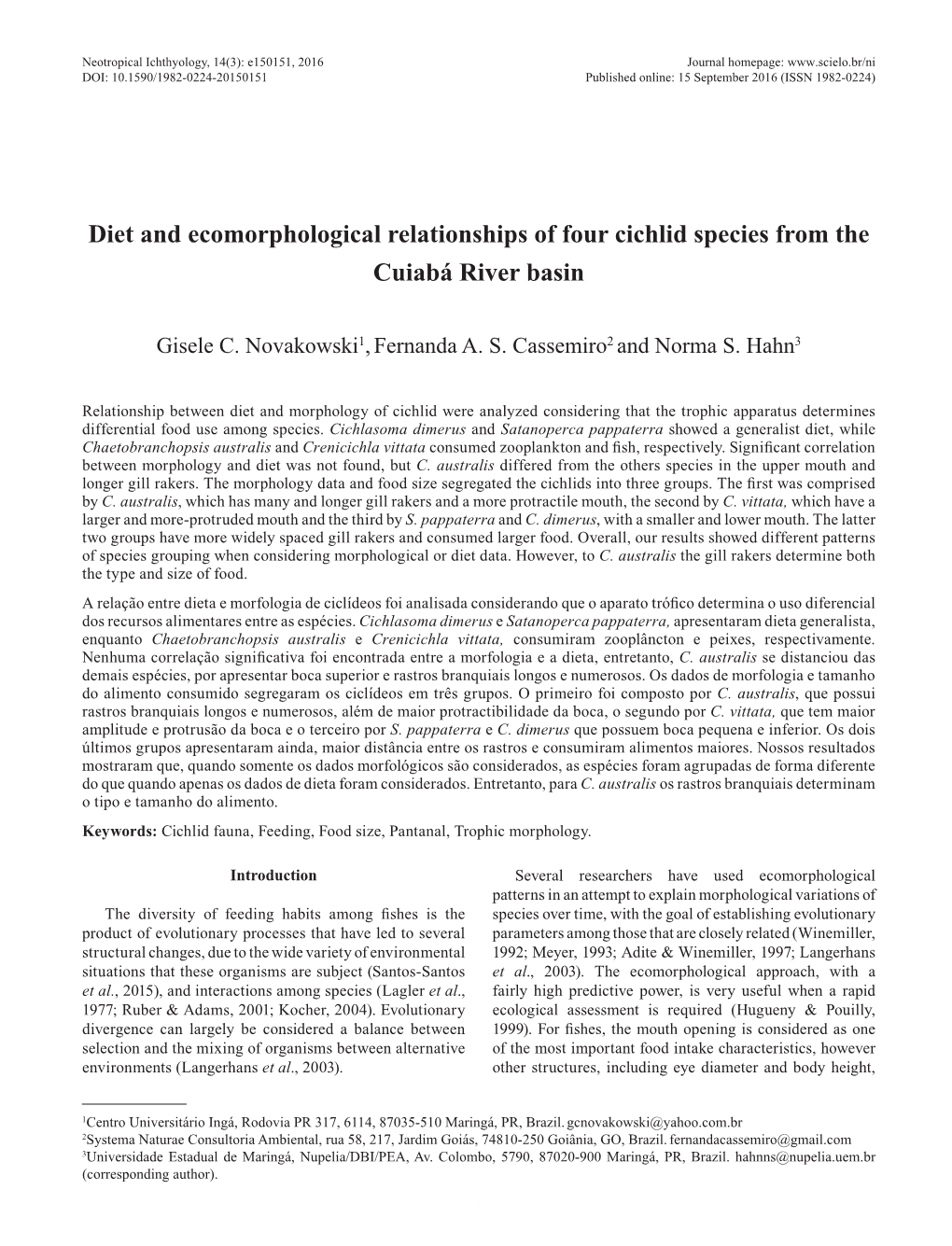 Diet and Ecomorphological Relationships of Four Cichlid Species from the Cuiabá River Basin