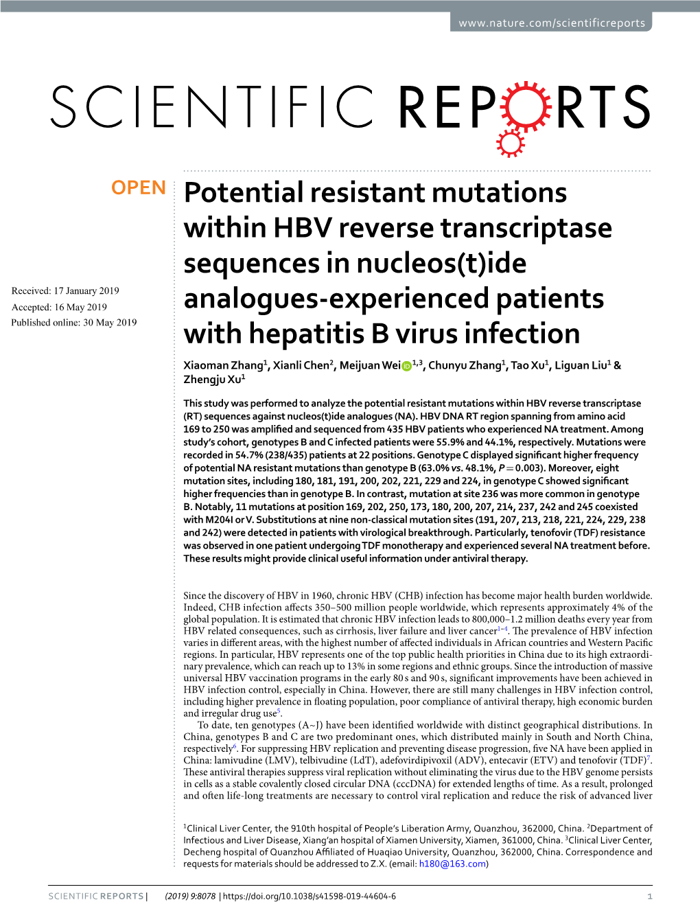 Potential Resistant Mutations Within HBV Reverse Transcriptase