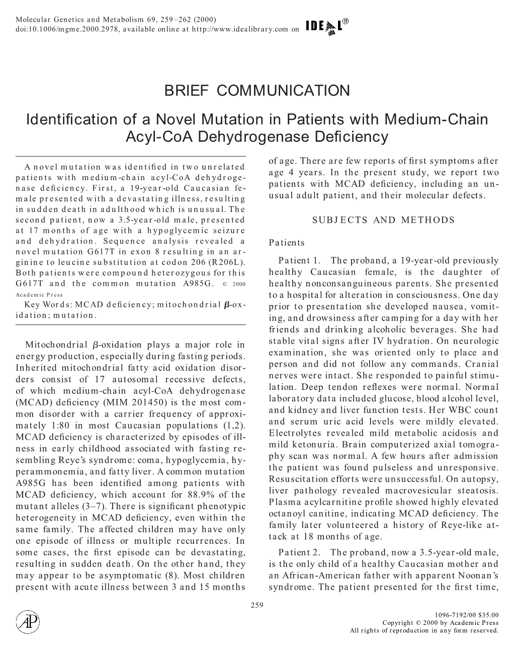 Identification of a Novel Mutation in Patients with Medium-Chain Acyl