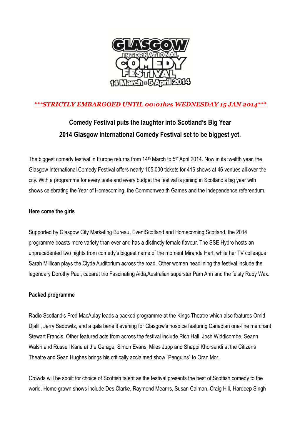 Comedy Festival Puts the Laughter Into Scotland's Big Year 2014 Glasgow