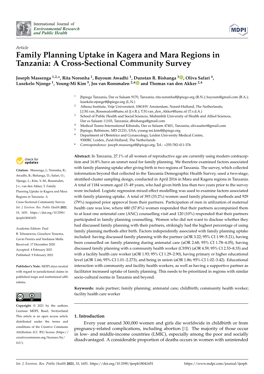 Family Planning Uptake in Kagera and Mara Regions in Tanzania: a Cross-Sectional Community Survey