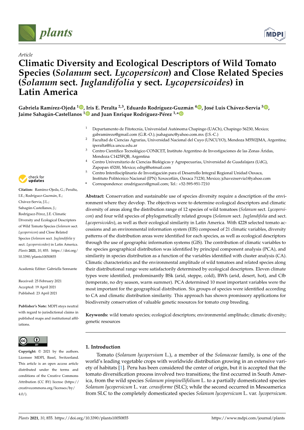 Climatic Diversity and Ecological Descriptors of Wild Tomato Species (Solanum Sect