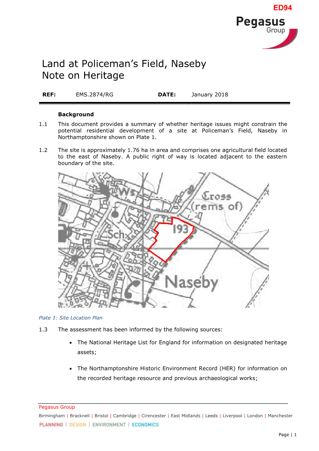 Land at Policeman's Field, Naseby Note on Heritage