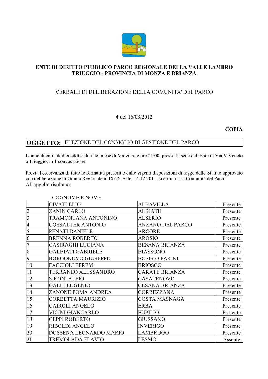 Ente Di Diritto Pubblico Parco Regionale Della Valle Lambro Triuggio - Provincia Di Monza E Brianza